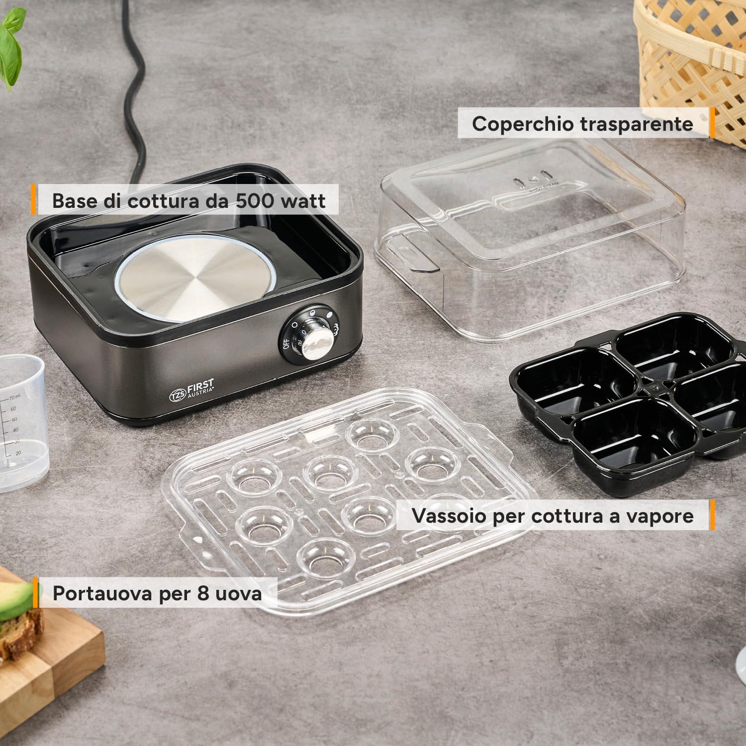 TZS First Austria Cuociuova Elettrico Grigio - 8 Uova, 4 Livelli Cottura, Funzione Vapore, Spegnimento Automatico, Segnale Acustico, Misurino e Stampi, Compatto e Leggero