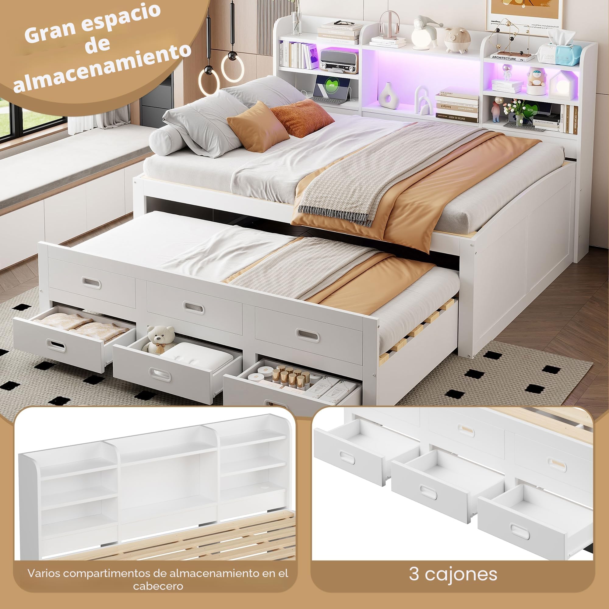 cama de día juvenil 140 x 200 cm con cama nido y 3 cajones, individual LE/D, varios compartimentos y función US/B, tablero de partículas (sin colchón, blanco)
