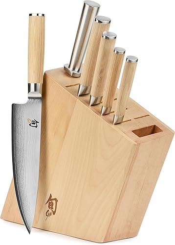 Shun Juego de cuchillos rubios clásicos de 7 piezas con bloque de abedul en ángulo