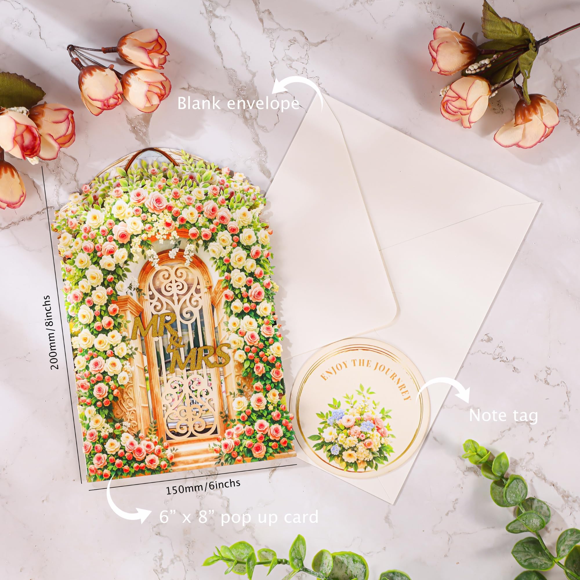 Kartka weselna 3D Pop Up, elegancka kartka weselna 3D z parą młodą, łukiem kwiatowym i samochodem weselnym, kartka pop-up na wesele na prezent pieniężny, bon podarunkowy, kartka z życzeniami z okazji