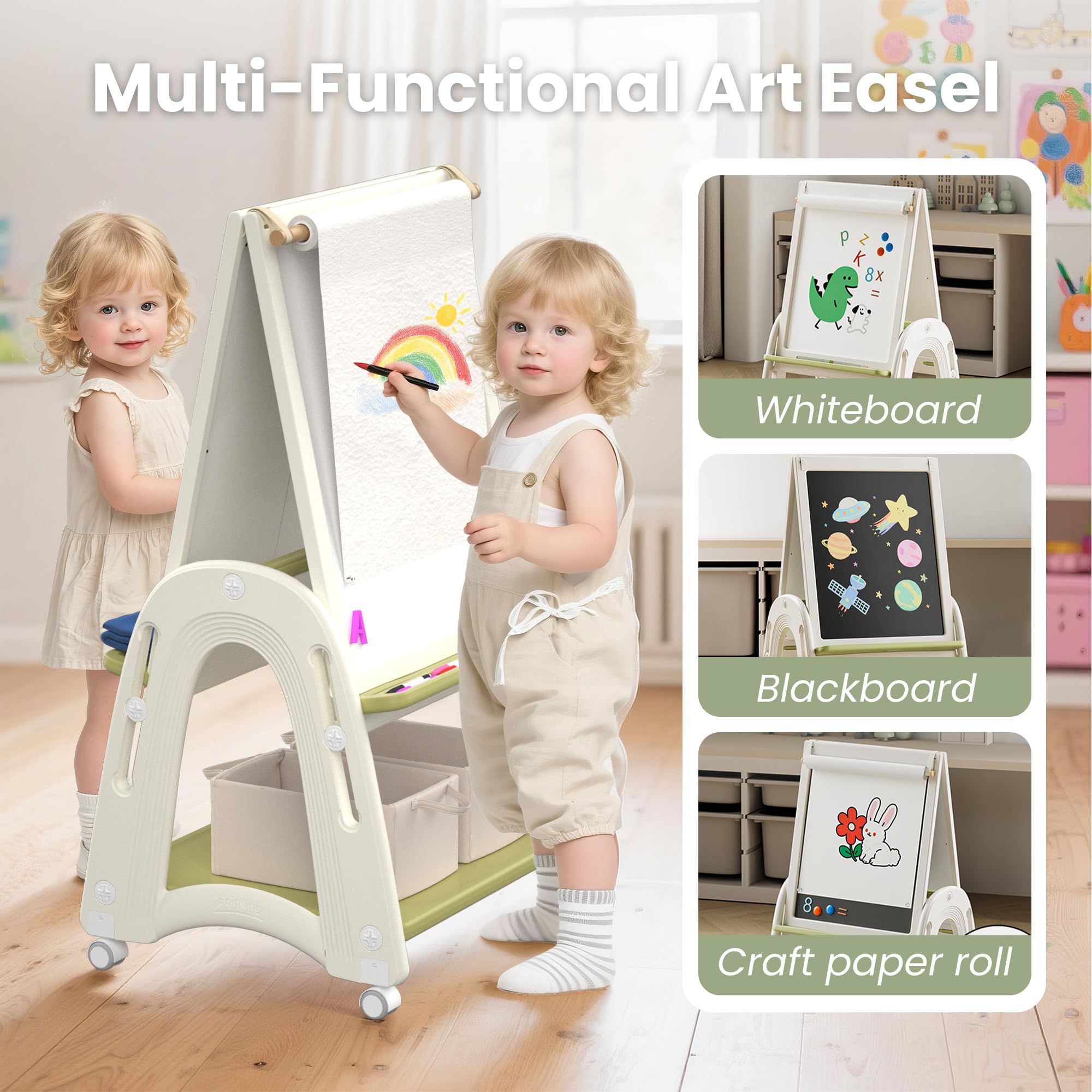3 in 1 Lavagna per Bambini, Cavalletto per Bambini con Rotolo di Carta, Lavagna Doppia Lato Bianco e Nero, Altezza Regolabile, Cavalletto Mobile, per Ragazzi e Ragazze, Verde