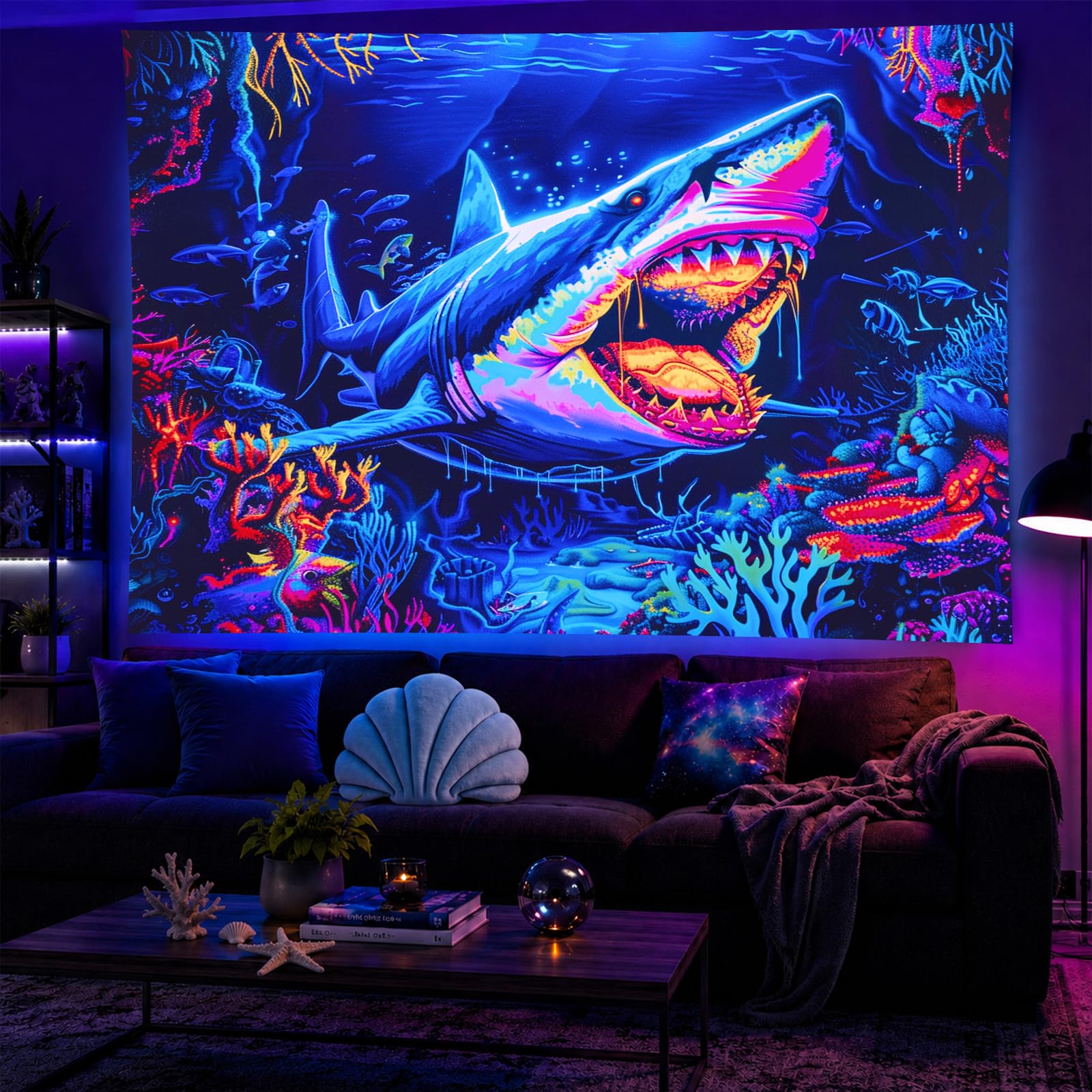 BlissYard Blacklight Tapestry Ocean Shark UV Backdrop 78 x 59 Inch