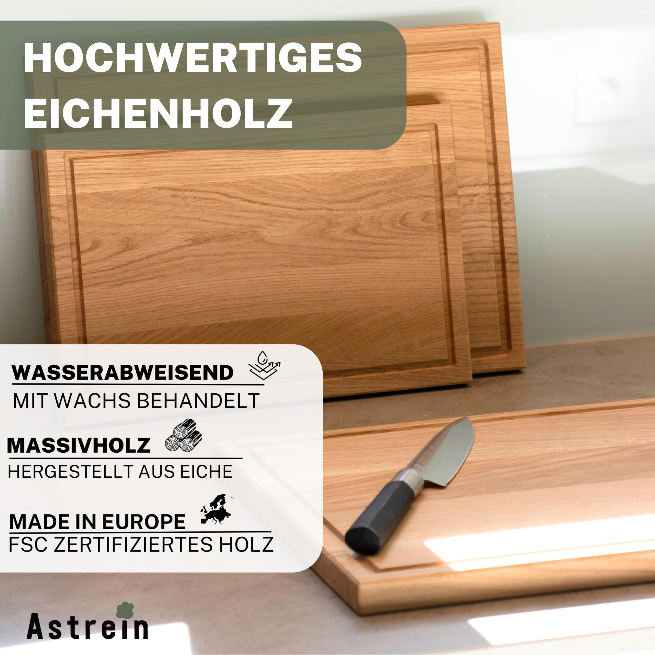 ASTREIN® Schneidebrett Eiche – Massives Holzbrett 3er Set – Hochwertiges Küchenbrett aus Eichenholz – Robust, langlebig & messerschonend – Ideal als Schneide‑ & Servierbrett (3er Set)