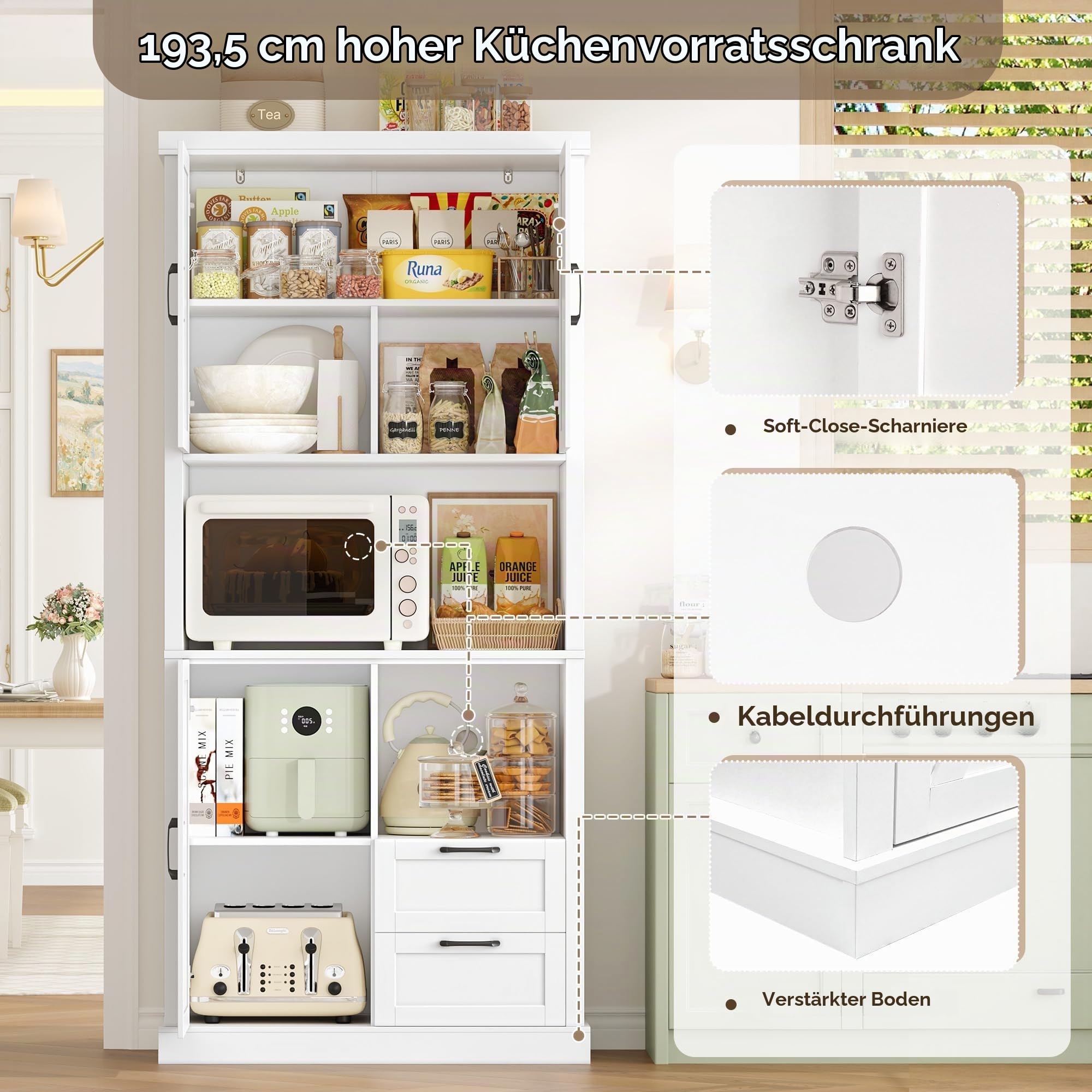 HOCSOK Küchenschrank, 193 cm Küchenbuffet Buffetschrank Weiß, 7 Staufächer | Vorratsschrank Küche mit 3 Türen und 2 Schubladen für Küche, Schlafzimmer, Wohnzimmer und Esszimmer, 193×80×40 cm