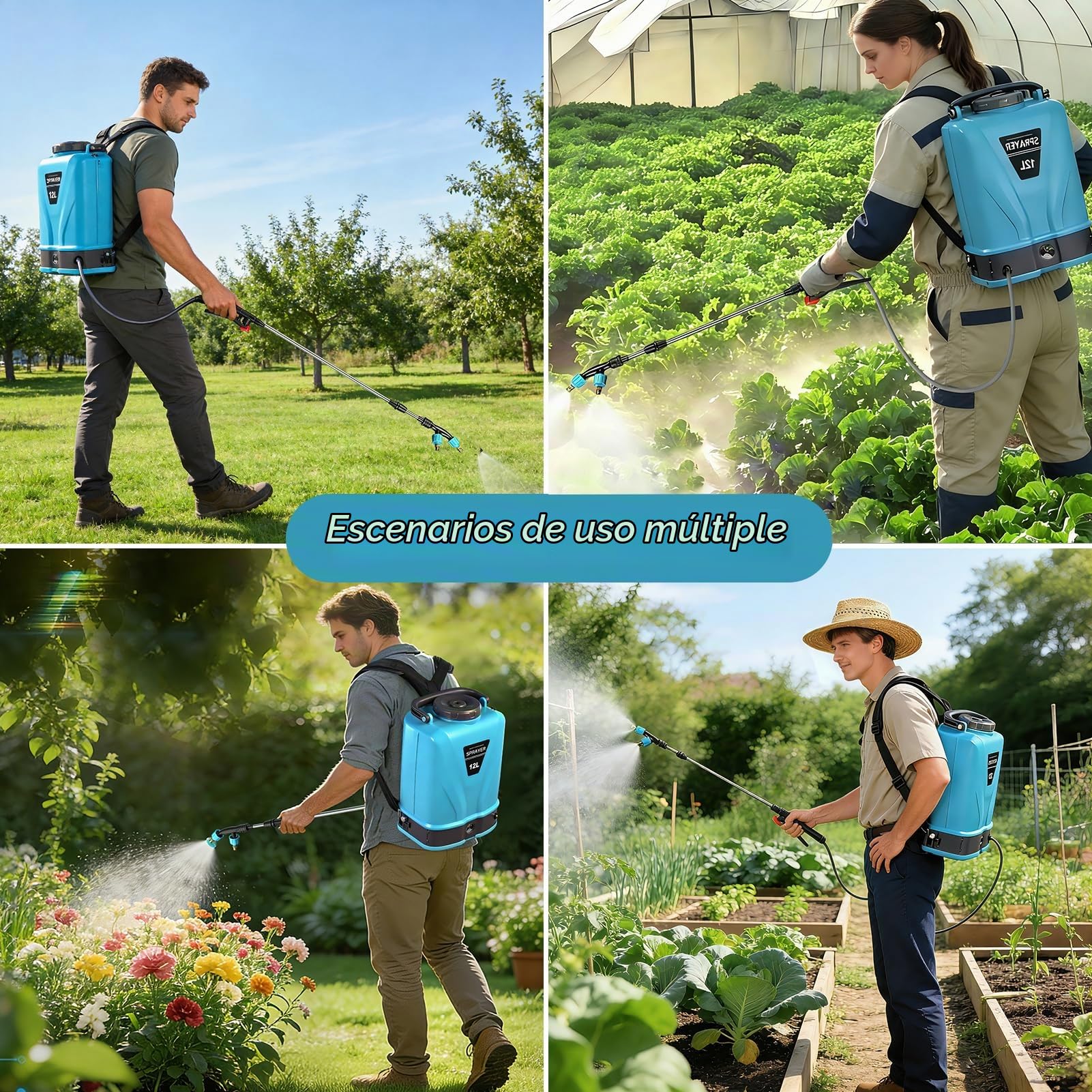 Viugreum 12L Pulverizador de Mochila a Batería, 12V Pulverizador Eléctrico de Jardín con 5 Boquillas de Nebulización, Lanza Telescópica y Correa Ajustable para Riego, Irrigación y Mantenimiento