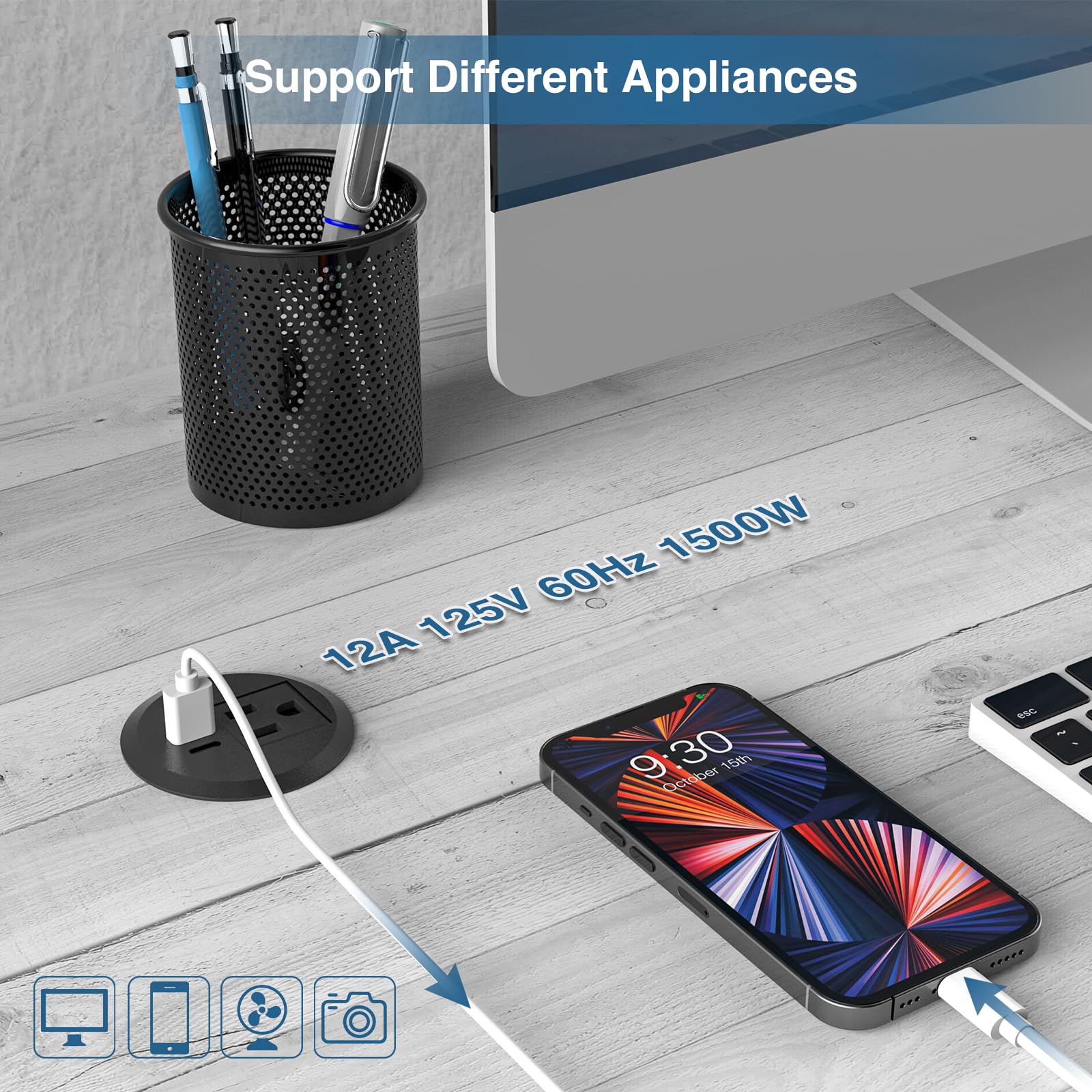 Desktop Power Grommet, 5.1 cm Desktop Power Grommet Outlet, Recessed Power Strip Outlet with 1 USB and 1 Type-C, 20W PD Fast Charge for Desk, Kitchen, Office, Home, Hotel and More
