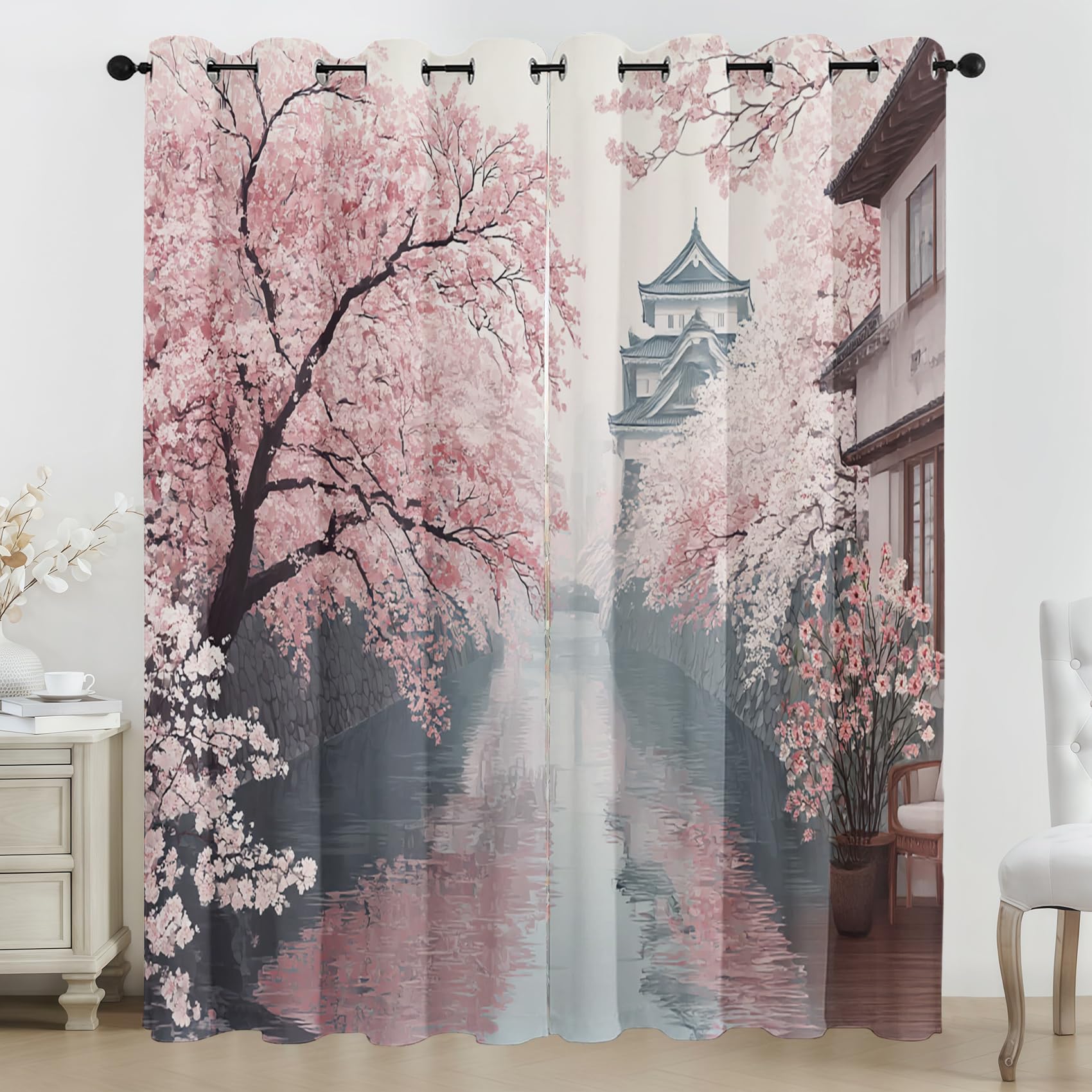 Générique Rideau Paysage Japonais Rideaux Chambre Salon Fleurs de Cerisier Oriental Rideau Occultant Thermique Isolant Anti-Chaleur Phonique Lot de 2 Rideaux à Oeillets 140x225 cm MDLQ167ll