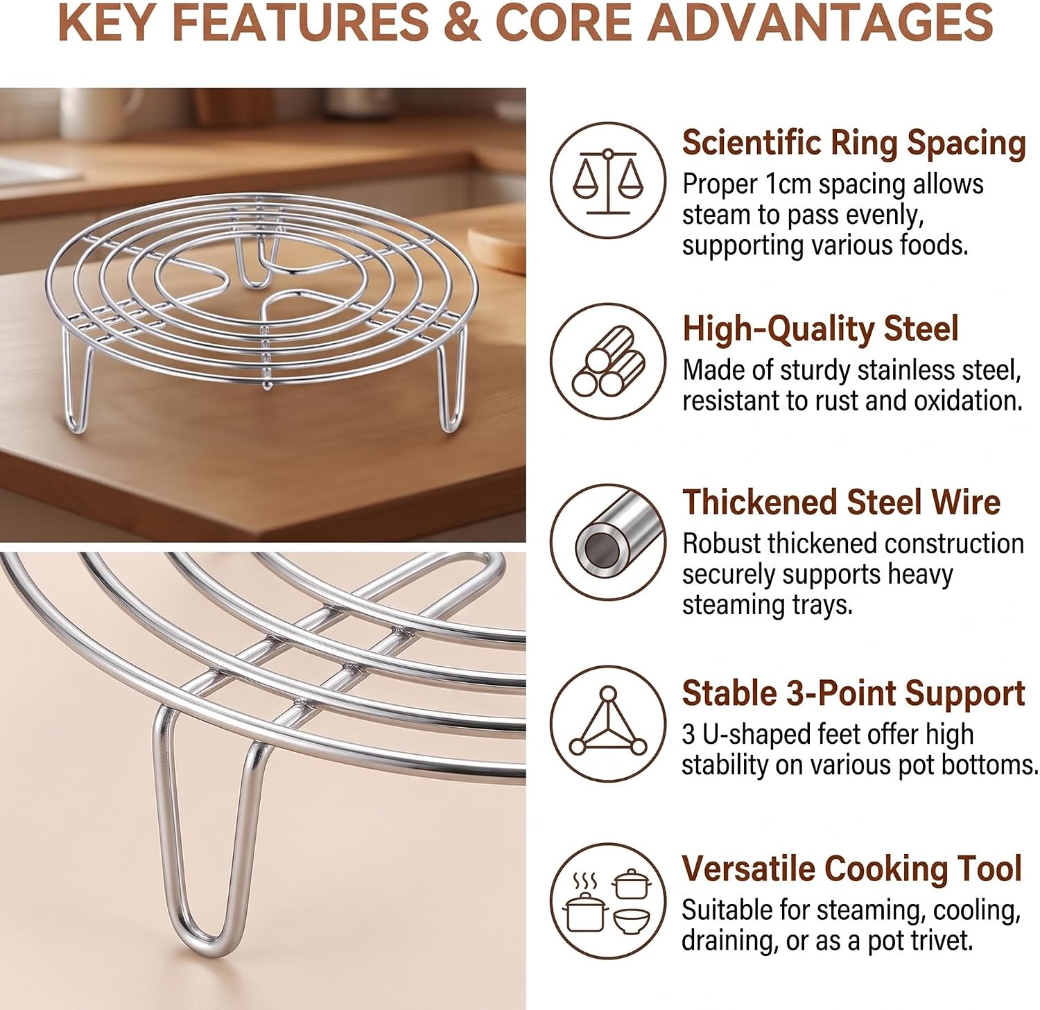 6.3 in Round Stainless Steel Steamer Rack,Elevated Wire Pot Trivet