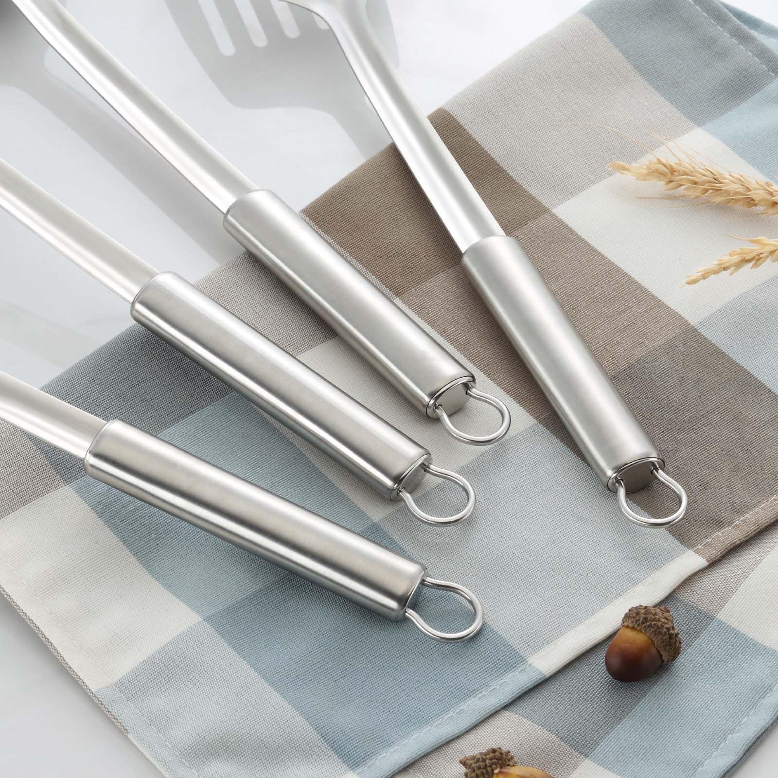 4P set utensilios de cocina, set acero inoxidable, utensilios de cocina y espumadera, espatula, cucharones y volteador ranurado