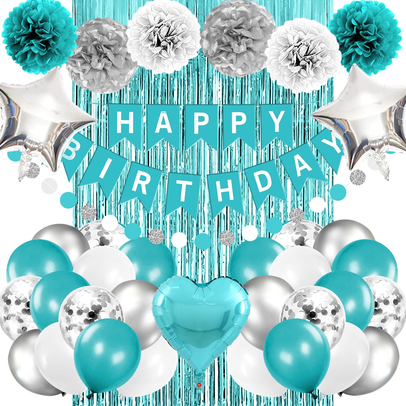 Iyosll Teal Blue and Silver Birthday Party Decorations Happy Birthday Banner Turquoise Aqua Teal Balloons Tissue Pom Poms Foil Fringe Curtain Décor