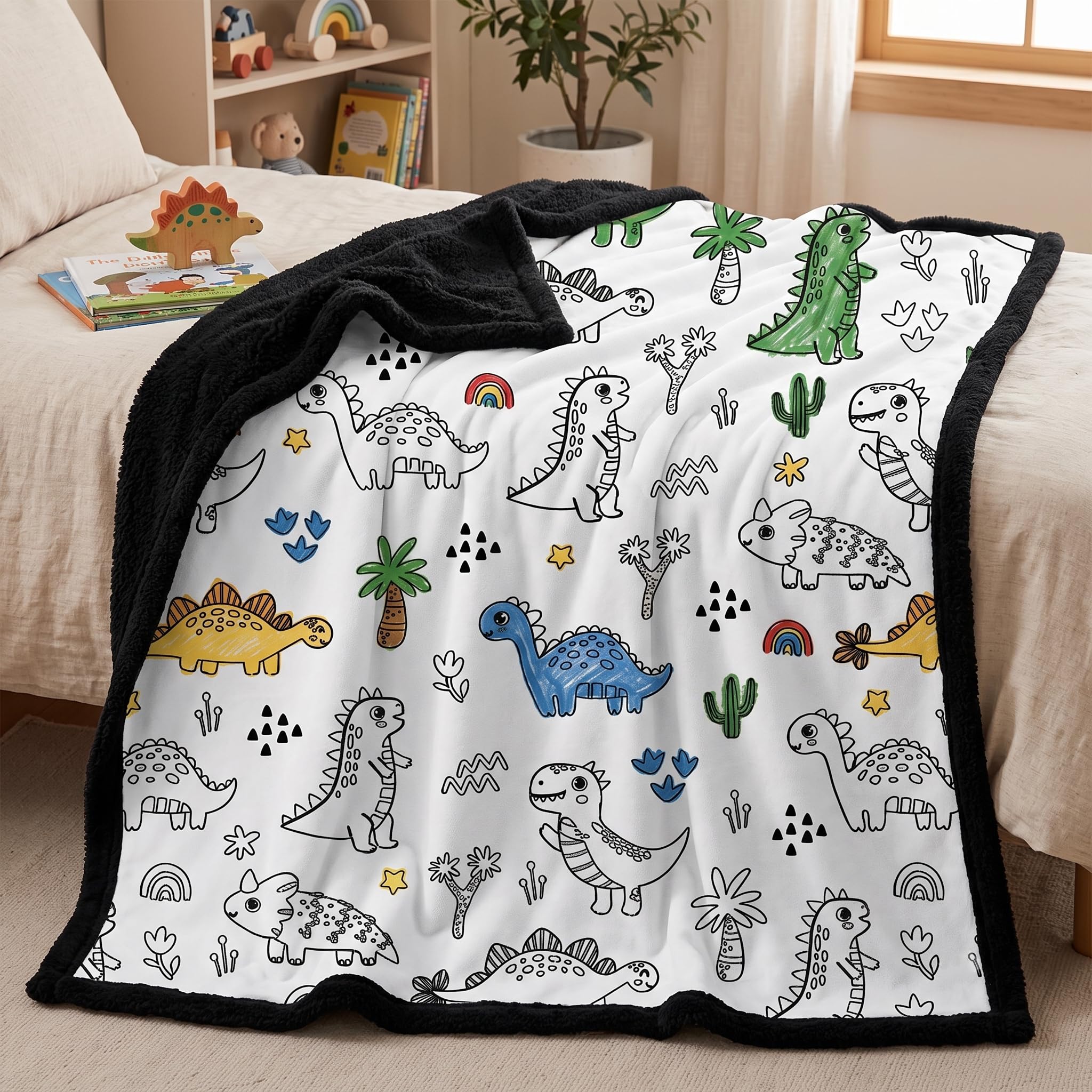 DIY Dinosaur Coloring Blanket with 24 Markers, Color Your Own Plush Fleece Throw, Arts & Crafts Gifts for Kids Boys Girls, Black Fluffy Backing (DIY Dinosaur)