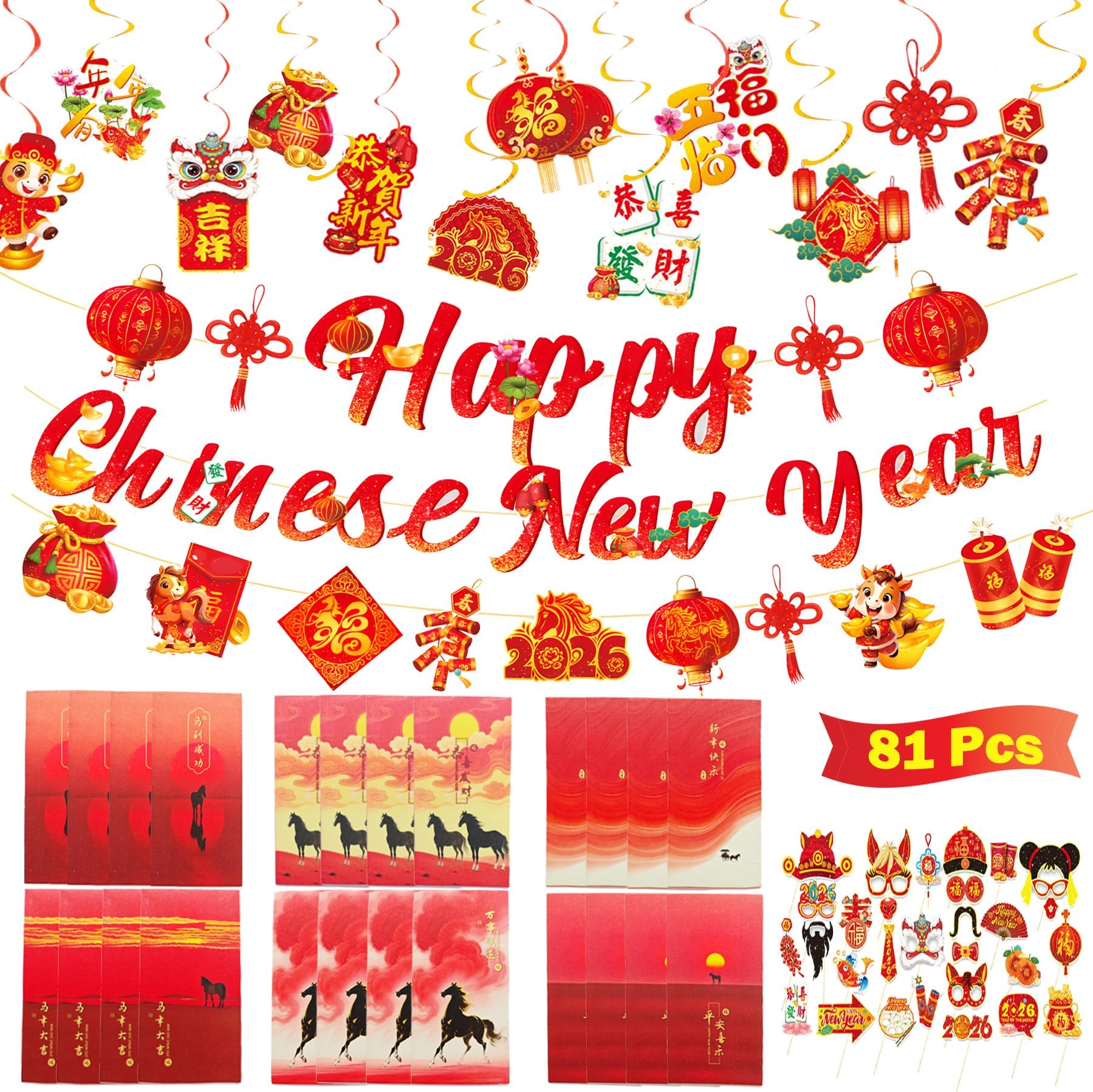 81 Pcs Chinese New Year Red Envelopes Set, Horse-Year Hong Bao Red Packets Party Banners Swirls Selfie Photo Booth Props for Festival Gifts, Chinese Decors Party Favors for Bithday Home Office
