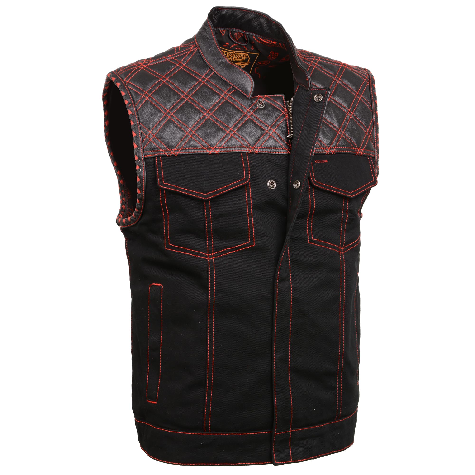 Milwaukee Leather Men's Black Denim and Leather Club Style Vest w/Diamond Quilt Design Red, White & Orange Variations (US, Alpha, Large, Regular, Regular, Black-Red)
