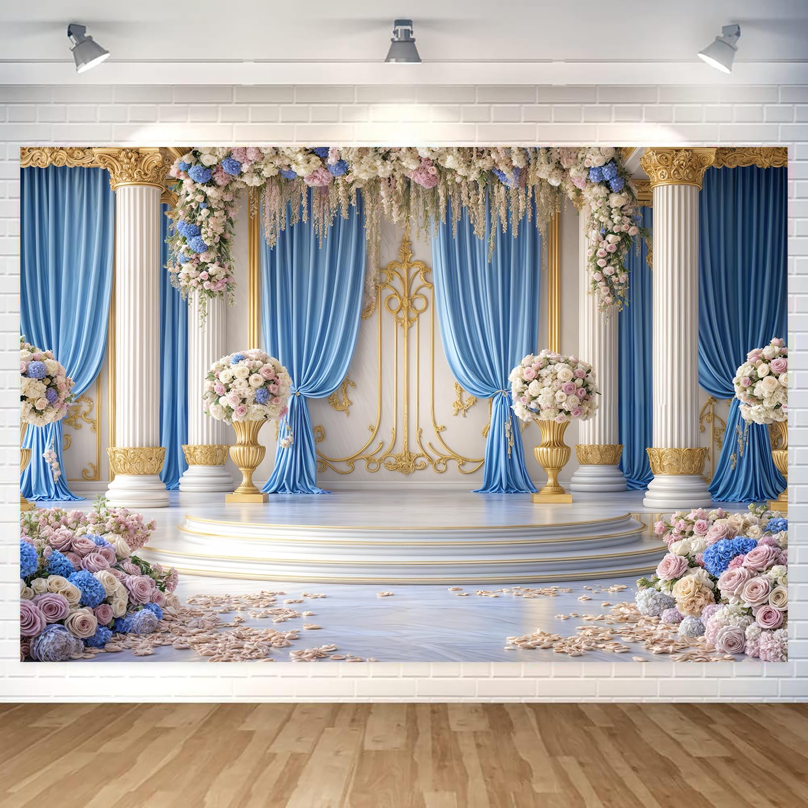 10X8ft Luxurious Blue and White Floral Backdrop for Photography Castle Palace Wedding Party Decortion Elegant Flowers Backdrop Wedding Birthday Party