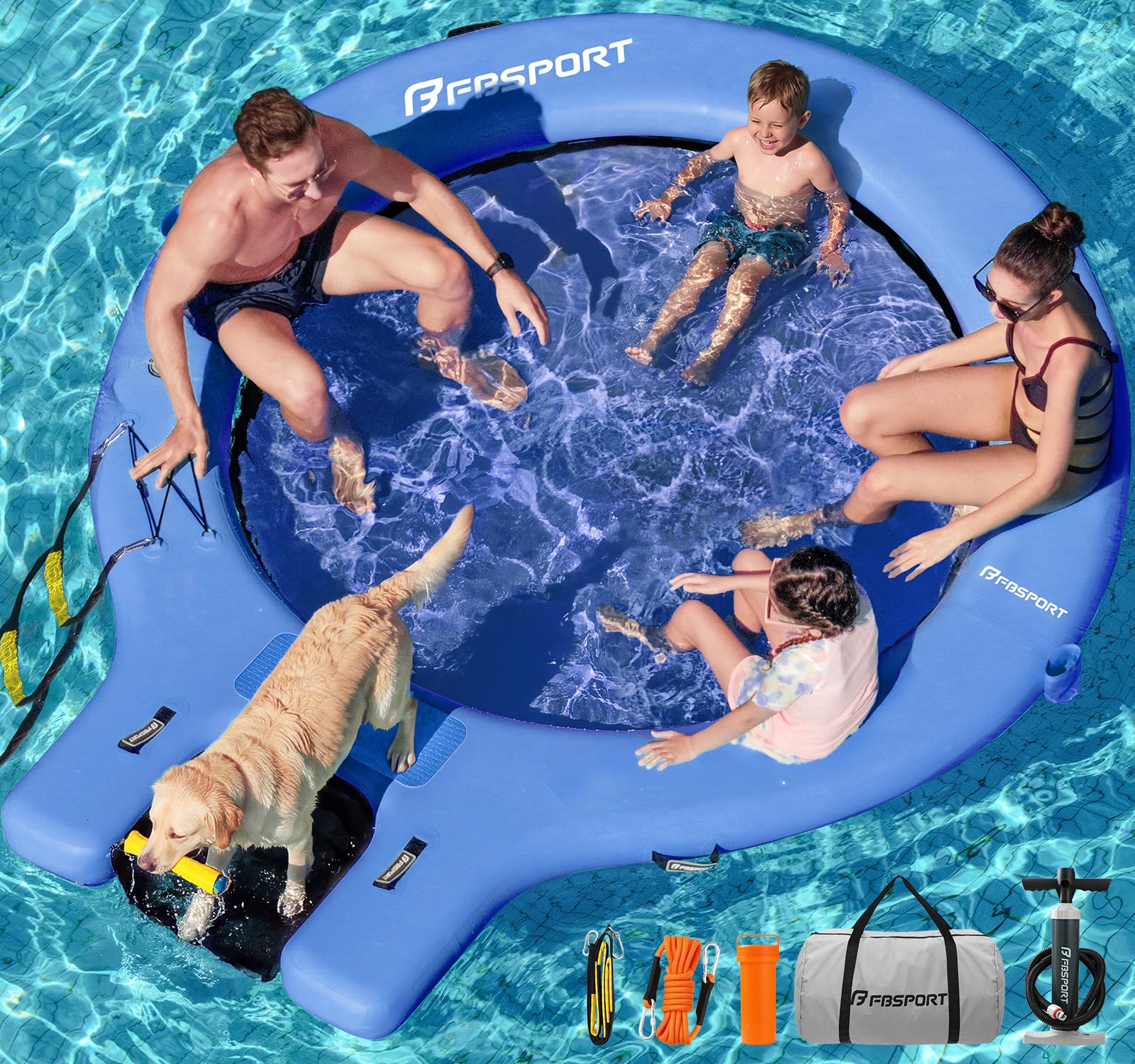 Plateforme Gonflable Flottante Sunchill Rond 240 cm avec Rampe pour Chiens, Hamac Flottant Piscine pour 3 à 5 Personnes, Îlot Flottant Antidérapant avec Échelle, pour Piscine, Plage et Mer