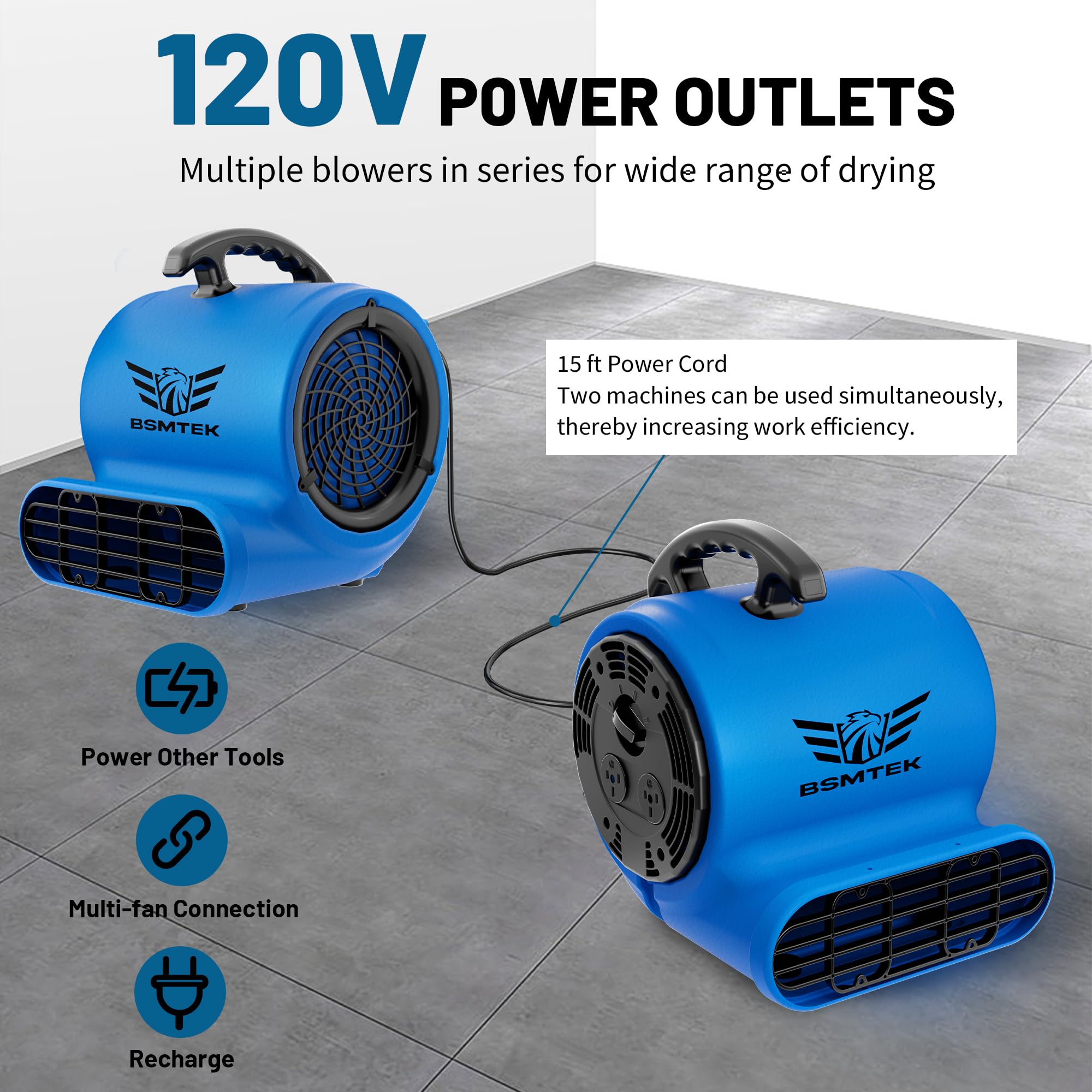 Ventilador Air Mover, BSMTEK Industrial 1/2HP 2500CFM, secador de alfombras, 3 velocidades con temporizador, 4 ángulos ajustables, cable de 15 pies de largo, apilable, actualizado en 2025