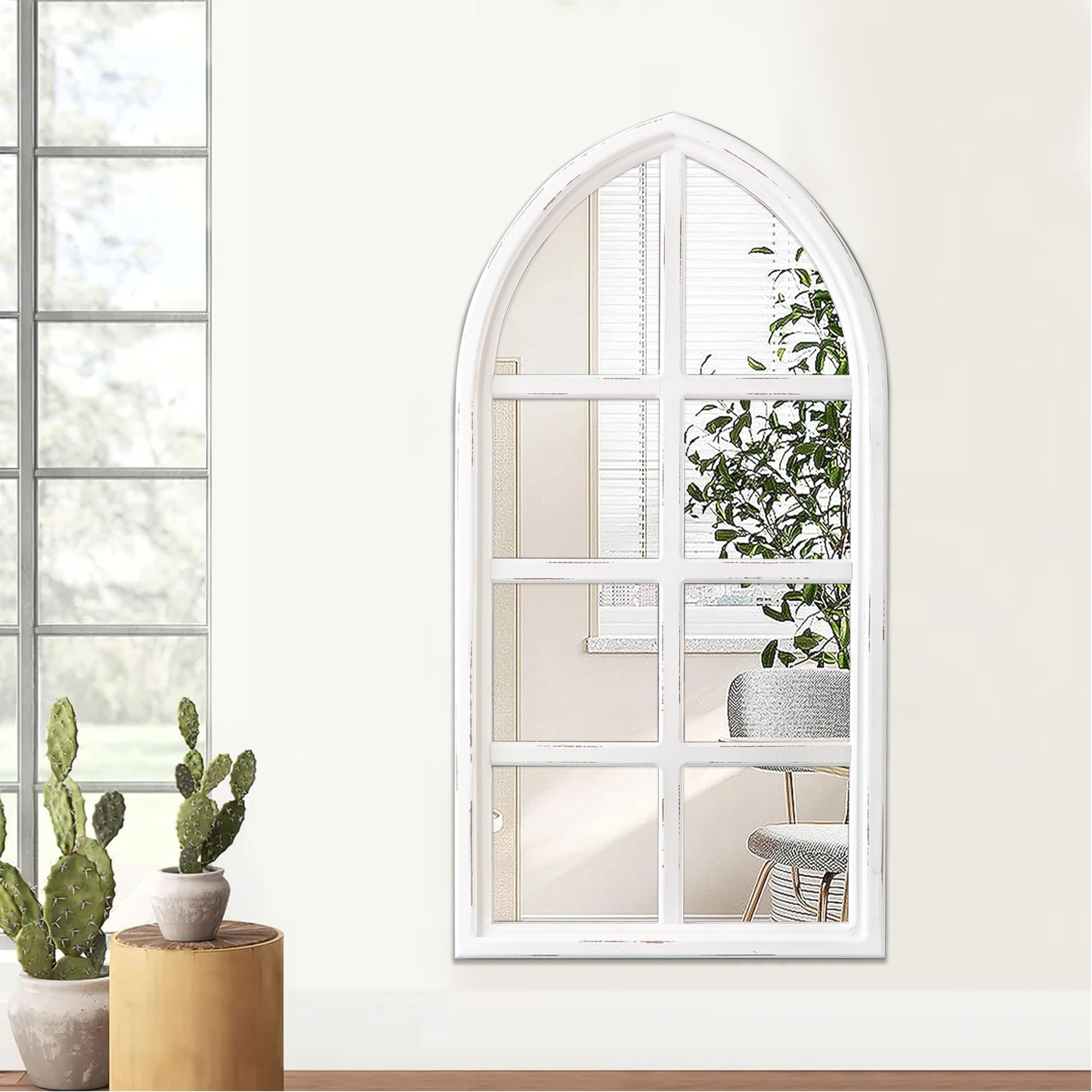 Miroir Arche Rustique Blanc 45 x 90 cm, Grand Miroir Mural de Fenêtre, Miroir Vintage Cadre en Bois pour Salon, Entree, Chambre