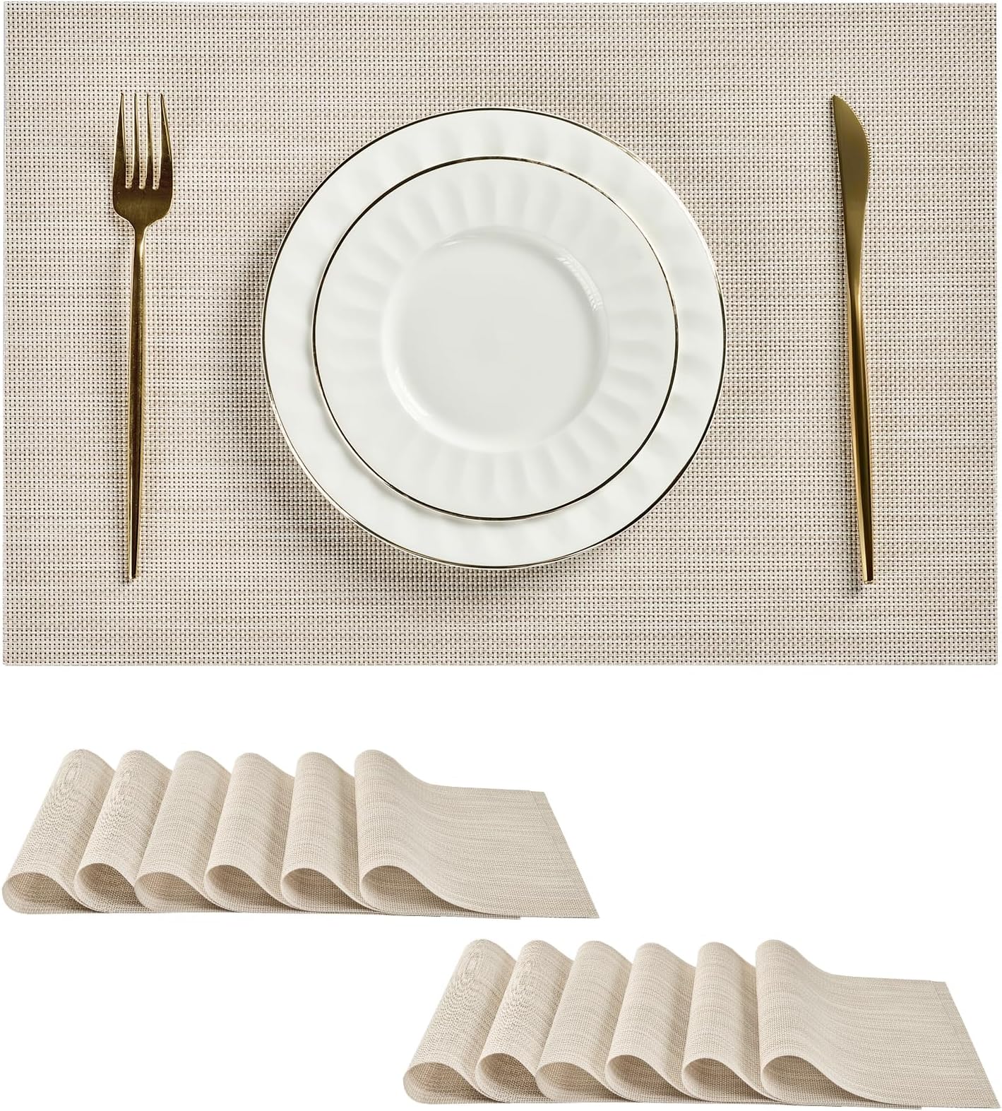 Leetaltree Beige White Placemats Set of 12 - Heat Resistant Non-Slip Place mats for Dining Table, Washable Durable PVC Vinyl Woven Table Mats(Beige White, 12)