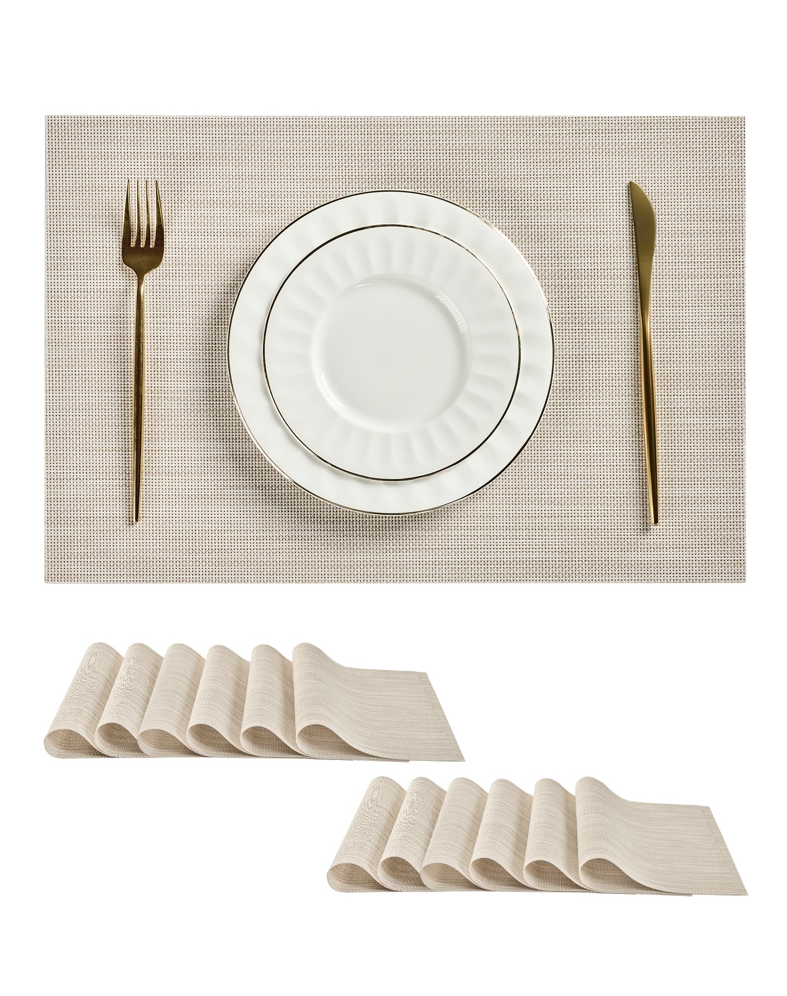 Photo 1 of Leetaltree Beige White Placemats Set of 12 - Heat Resistant Non-Slip Place mats for Dining Table, Washable Durable PVC Vinyl Woven Table Mats(Beige White, 12)