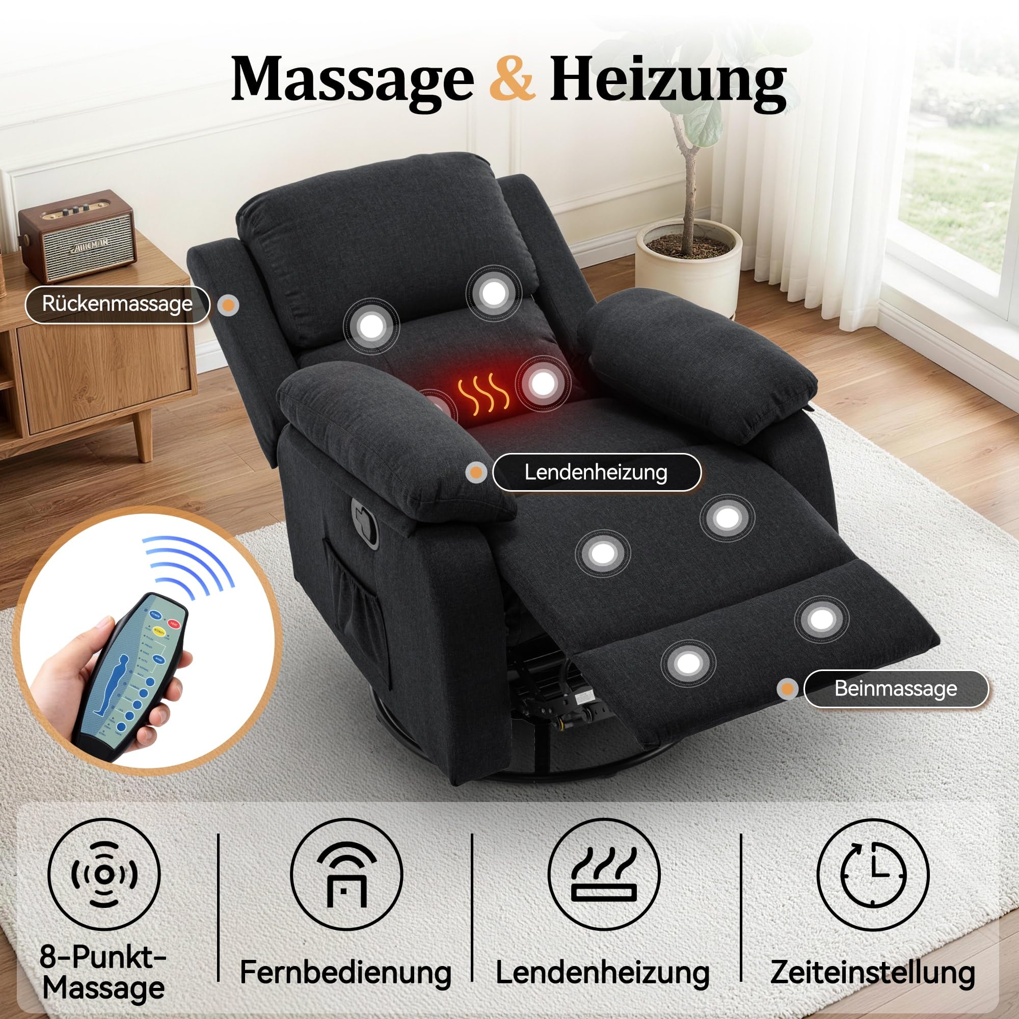 Korser Relaxsessel mit liegefunktion, 360° Drehbarer Massagesessel mit Wärmefunktion & Schaukelfunktion, Kompakter Manuell Verstellbarer Liegesessel, Gepolsterter Fernsehsessel für Wohnzimmer