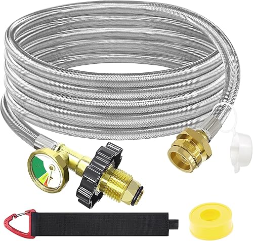 Miniatura 8 de MEFUN Manguera adaptadora de propano trenzada de acero inoxidable de 12 pies con calibre, adaptador de manguera de tanque de propano convertidor de