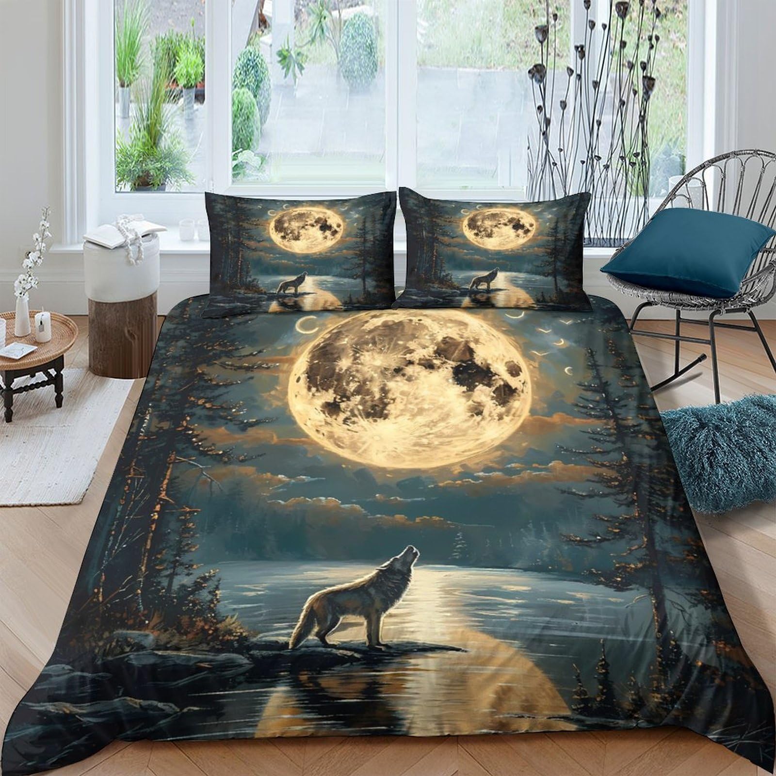 Ctjqhvkz Style-4 3D Printed Wolf Moon Fitted Sheet Microfiber Soft Breathable Night Forest Bed Cover For Bedroom Dorm Décor Single（135X200cm）