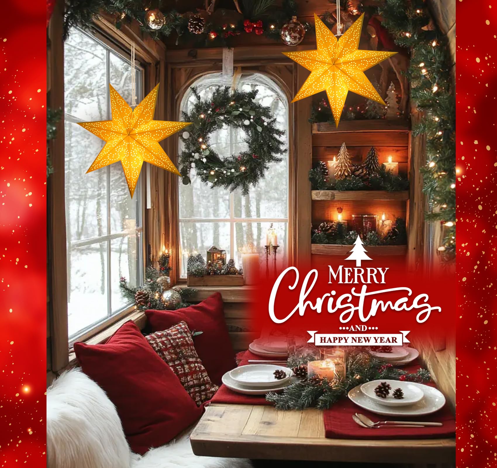 HOUISM 3Stück Weihnachtsstern Papierstern Lampenschirm Faltsterne 45cm 7-zackig Papier Faltsterne für Hochzeitsfeier Home Geburtstag Fensterdeko