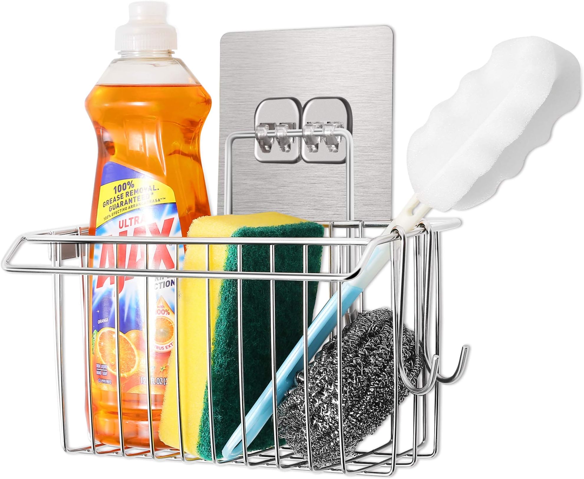 FaayFian Wall Mounted 3-in-1 Kitchen Sponge Holder, Stainless Steel Bathroom Shelf Storage Organizer, Soap Scrubbers Holder + Dish Cloth Hanger, Bathroom Shower Caddy, Kitchen Sink Caddy