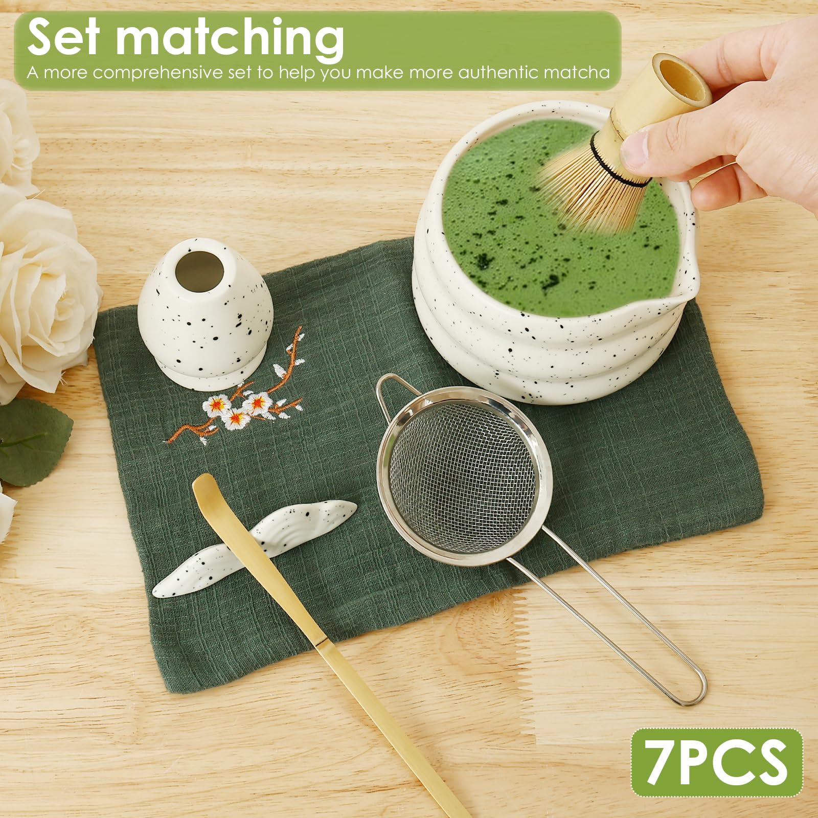 Matcha Whisk Set, 7 stuks, elegante MatchaTee set met garde, kom, gardehouder, schep, zeef, veelzijdige theebereidingsgereedschappen om te presenteren en cadeau te geven (wit Matcha Whisk Set, 7 stuks, elegante MatchaTee set met garde, kom, gardehouder, schep, zeef, veelzijdige theebereidingsgereedschappen om te presenteren en cadeau te geven (wit
