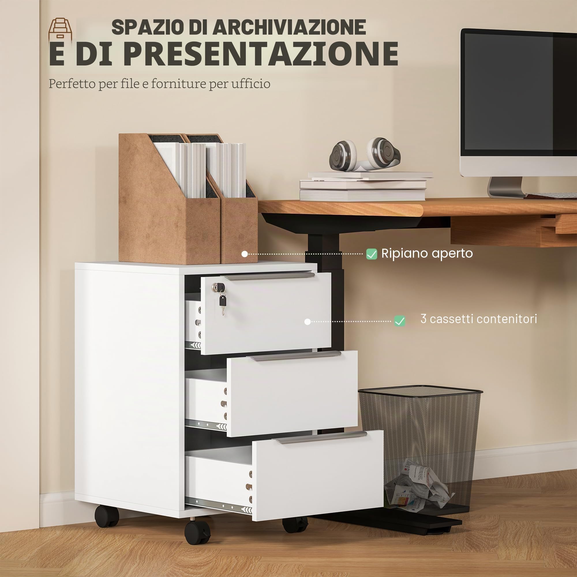 HOMCOM Piedistallo per scrivania su rotelle Piedistallo per archiviazione mobile con 3 cassetti e serratura per file bianco