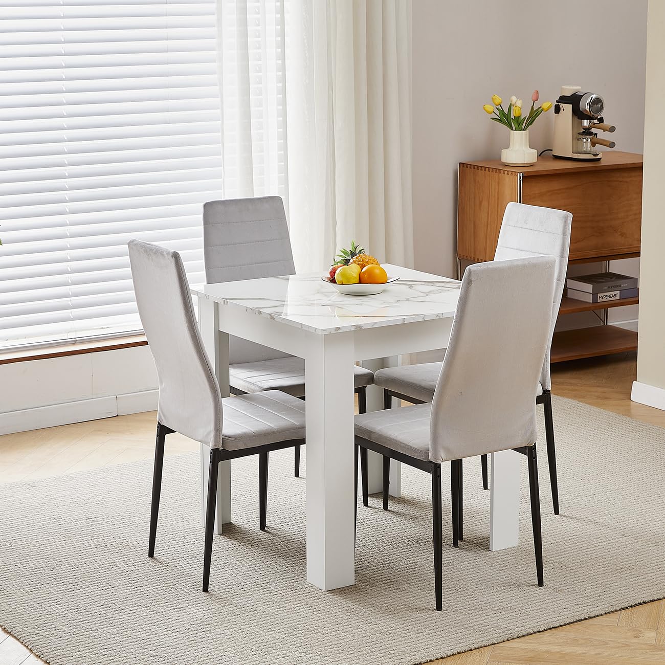 75x75 cm Small Dining Table and 4 Chairs, 4 Seater Table and Chairs Set Kitchen Dining Room Set for 4, Compact, Space Saving, Wooden, Glossing Tabletop Marble-White (4 Seats, Flannel Grey #1)