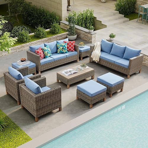 9 Pieces Patio Furniture Sets All Weather Wicker Rattan Sectional Sofa with Coffee Table Outdoor Furniture Conversation Set for Porch, Poolside, Garden, Backyard (Blue, 9 Pieces)