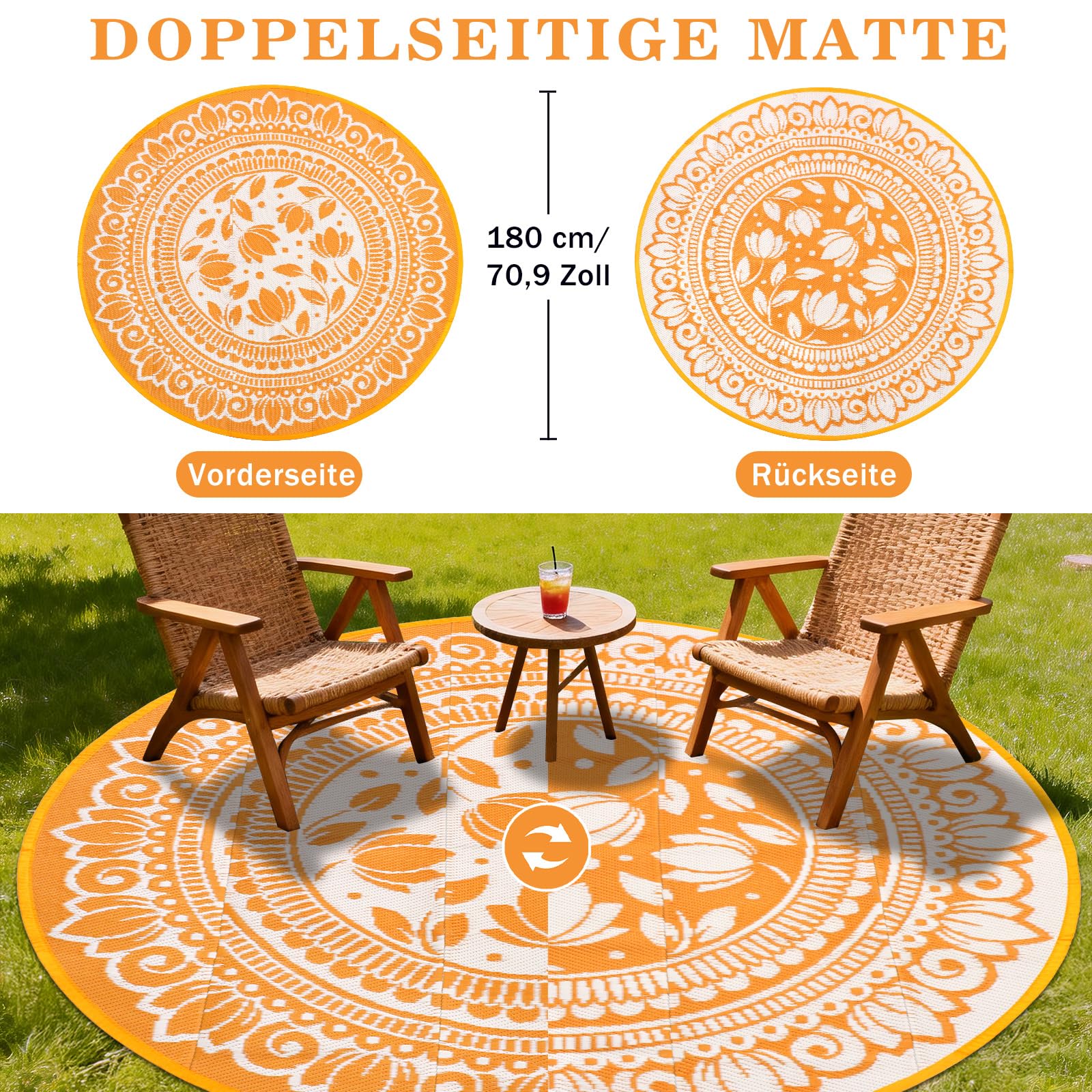 Outdoor Teppich Rund Schwarz 180 cm, Boho Wetterfest Wendbarer Outdoorteppich, Kunststoff Terrassenteppich, UV-beständige Balkon Teppich für RV Camping Deck Patio Strand Garten Picknick Orange