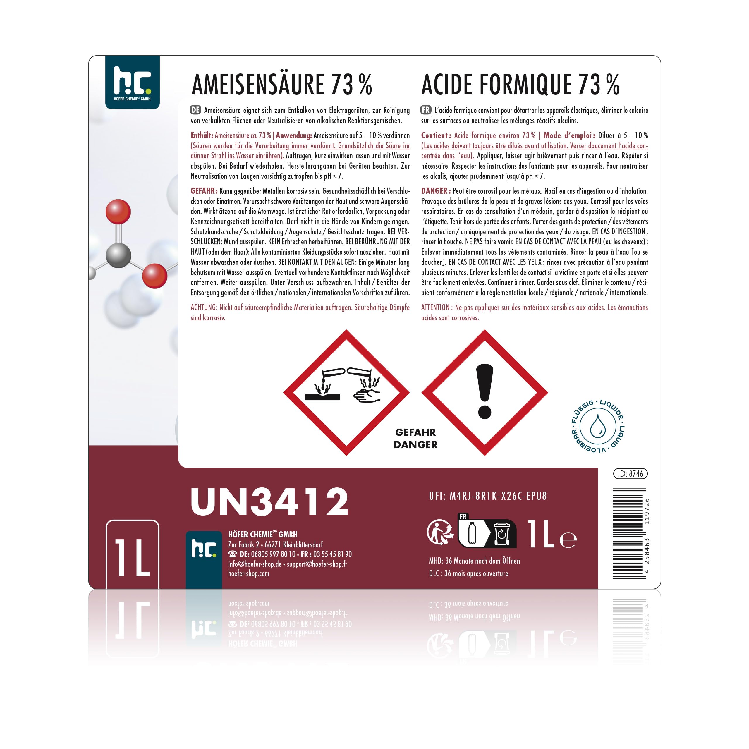 Höfer Chemie Acide Formique 73% - 1 x 1 L - Qualité Technique | Détartrant Anticalcaire pour Surfaces et Machines - Détartrage Ultra Puissant - Action Rapide sur le Calcaire