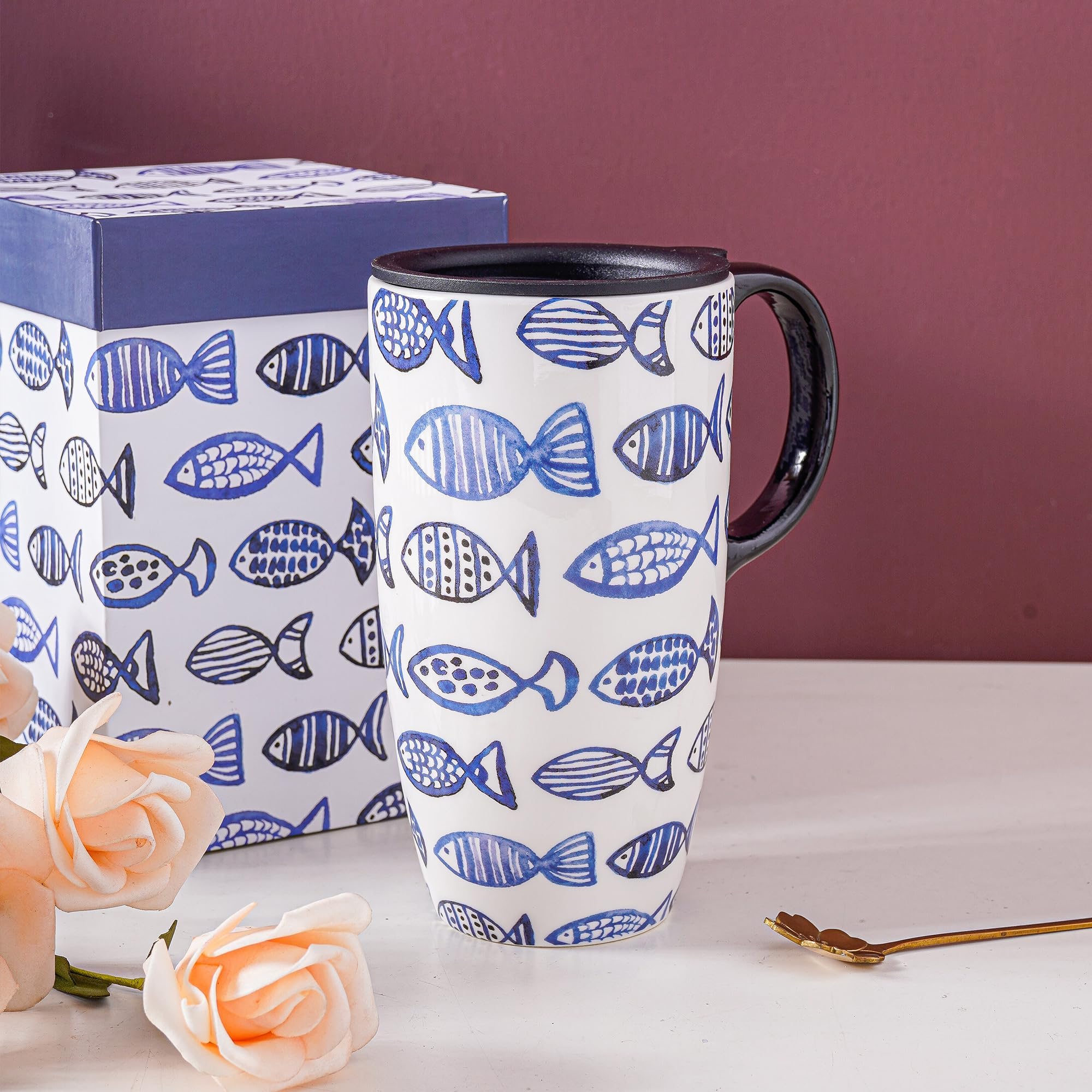 Topadorn Ceramic Travel Mug with Lid and Handle Gift for Coffee Lovers Coffee Mug Ceramic Latte Teacup Milk Mug in Color Box 17 Oz - Image 2