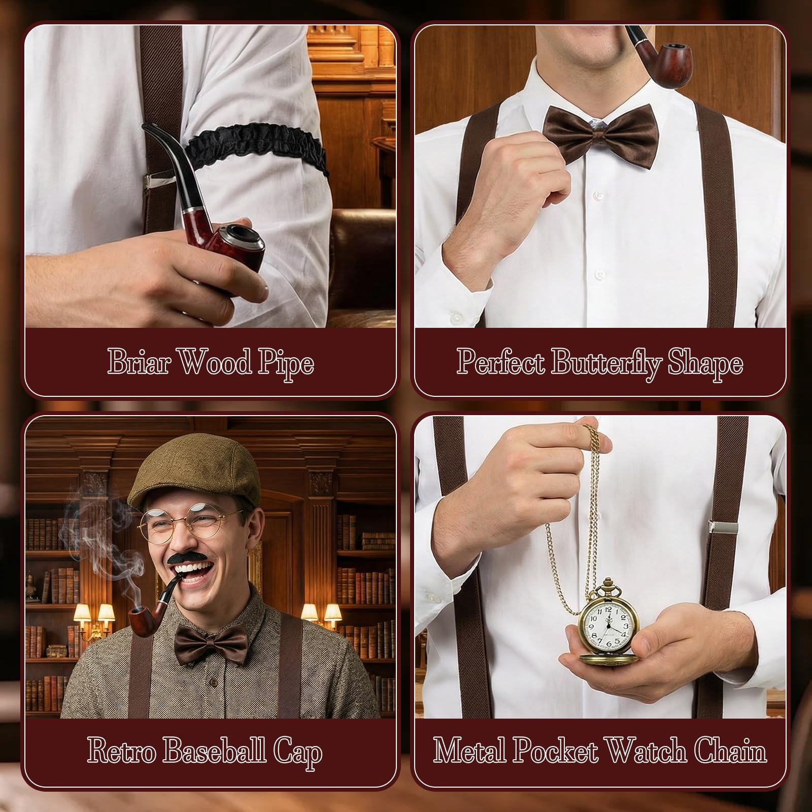 1920s Men's Accessories, 16PCS 1920 Fancy Dress for Men Fedora Hat, Pocket Watch, Bow Tie, Beard Set, Suspenders, Glasses - Image 4