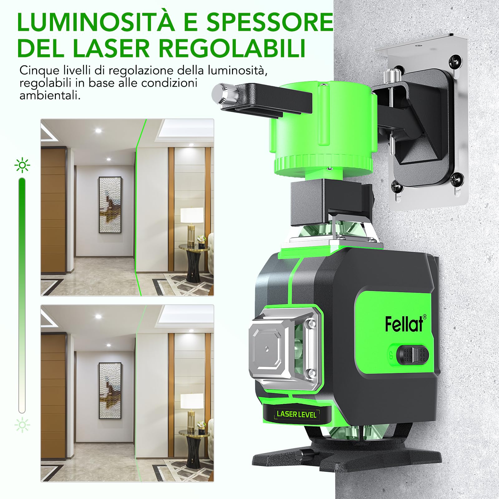 Livella Laser, FELLAT 4 x 360° Livella Laser Autolivellante 16 Linee 4D Livello Laser con 2 Batterie Ricaricabili da 4000 mAh, Telecomando, Base di Sollevamento, Supporto Magnetico Rotante