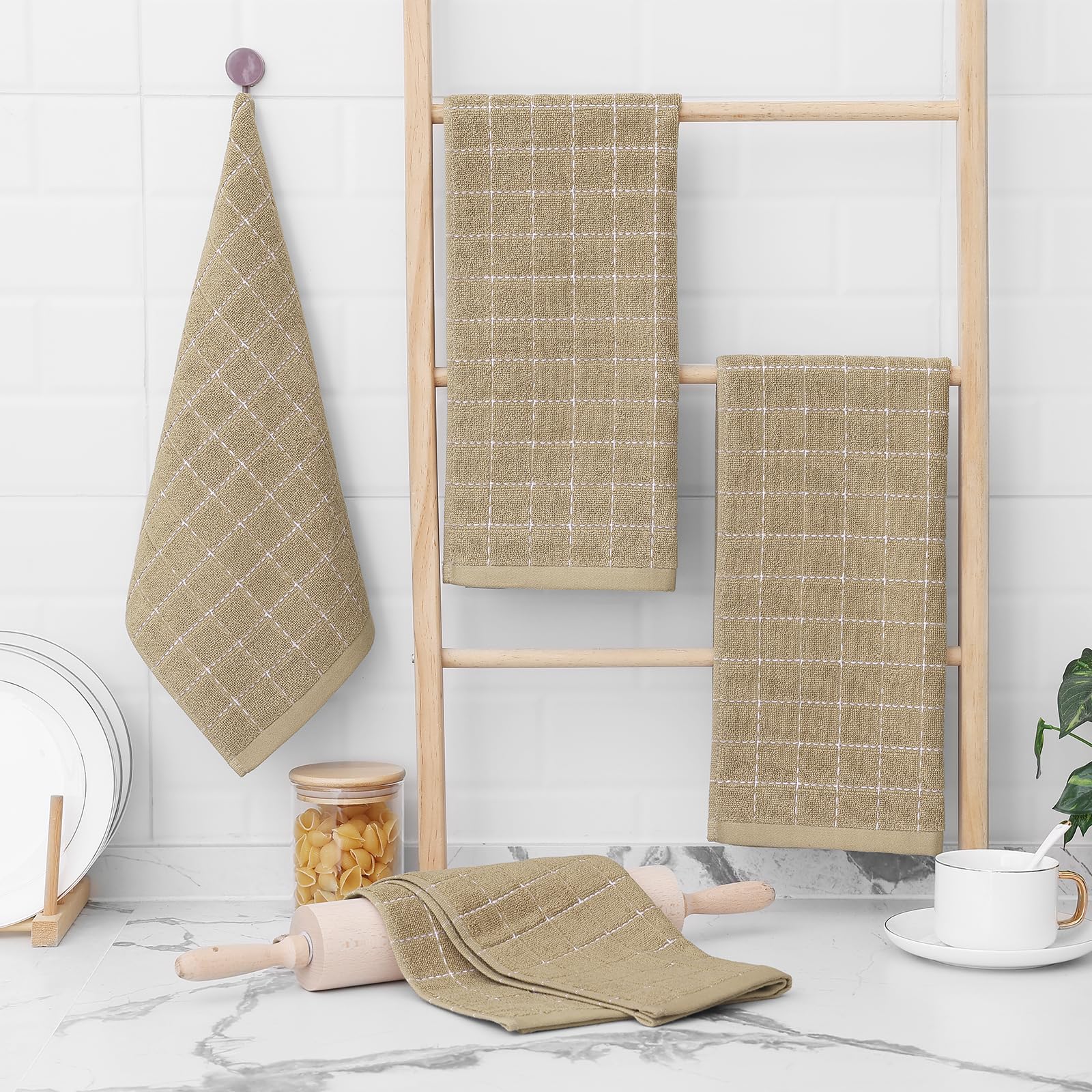 Homaxy Lot de 12 torchons de Cuisine en Tissu éponge 100% Coton (Marron Clair, 33 x 71,1 cm), Motif à Carreaux, Doux et Super absorbants