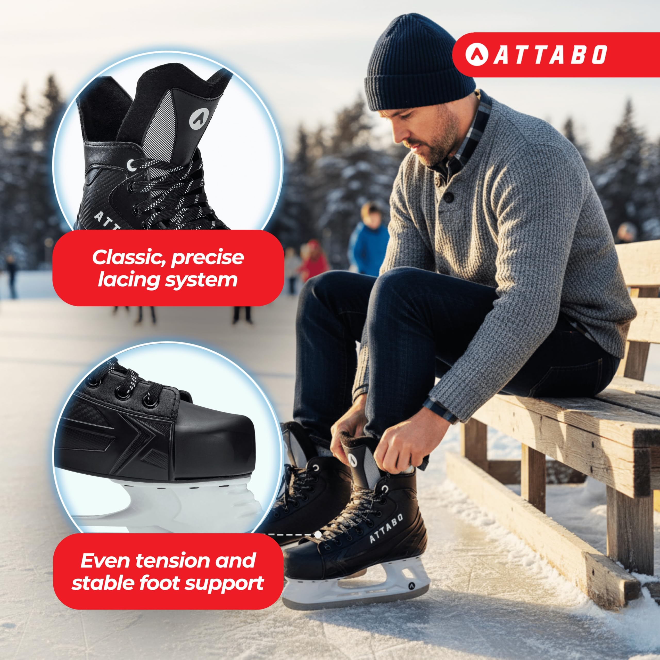 ATTABO Patin à Glace Hockey Hommes Taille 41-46 EU Lame Acier Inoxydable Confortable