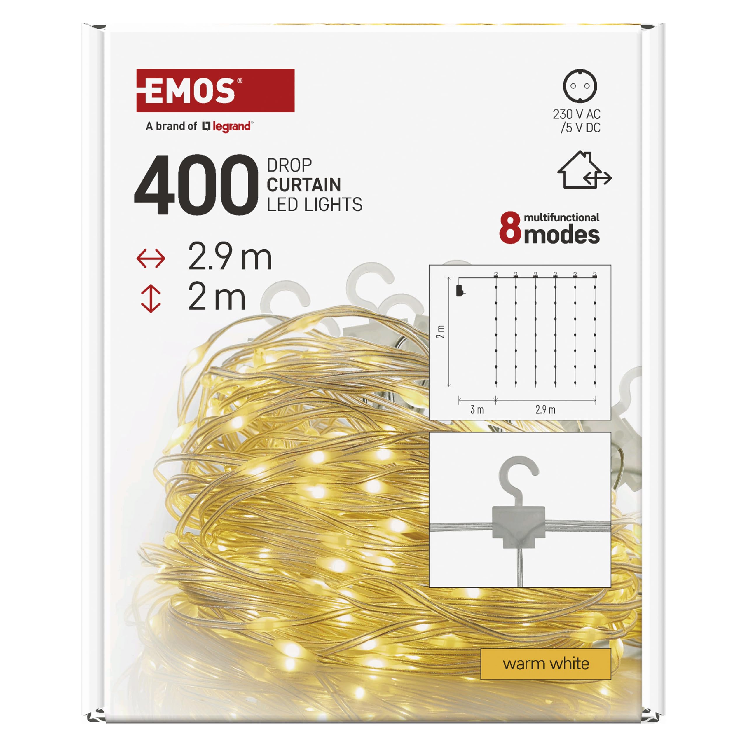 EMOS LED-Lichtervorhang, 400 LEDs Drop Lichterkette, 2,9m lange Weihnachtslichterkette + 3m Zuleitung inkl. Netzteil, 8 Lichtmodi, für Partys, Weihnachten, warmweiß, IP44 für Innen und Außen