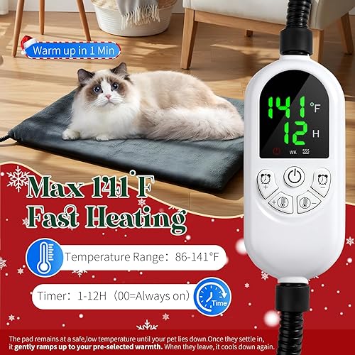 Miniatura 3 de Almohadilla térmica para mascotas de 18 x 28 pulgadas, almohadilla térmica segura para perros y gatos con temporizador de 12 niveles, cable