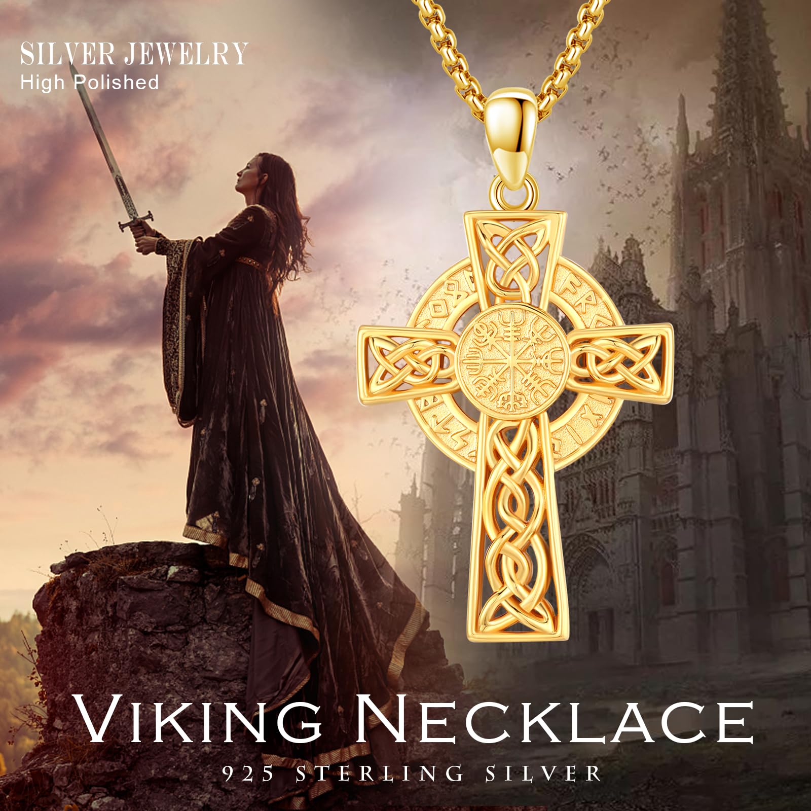 REDSUN Collier en argent sterling 925 plaqué or - Croix celtique Vegvisir avec chaîne - Amulette nordique - Cadeau pour homme, femme, garçon, petite amie - Unisexe