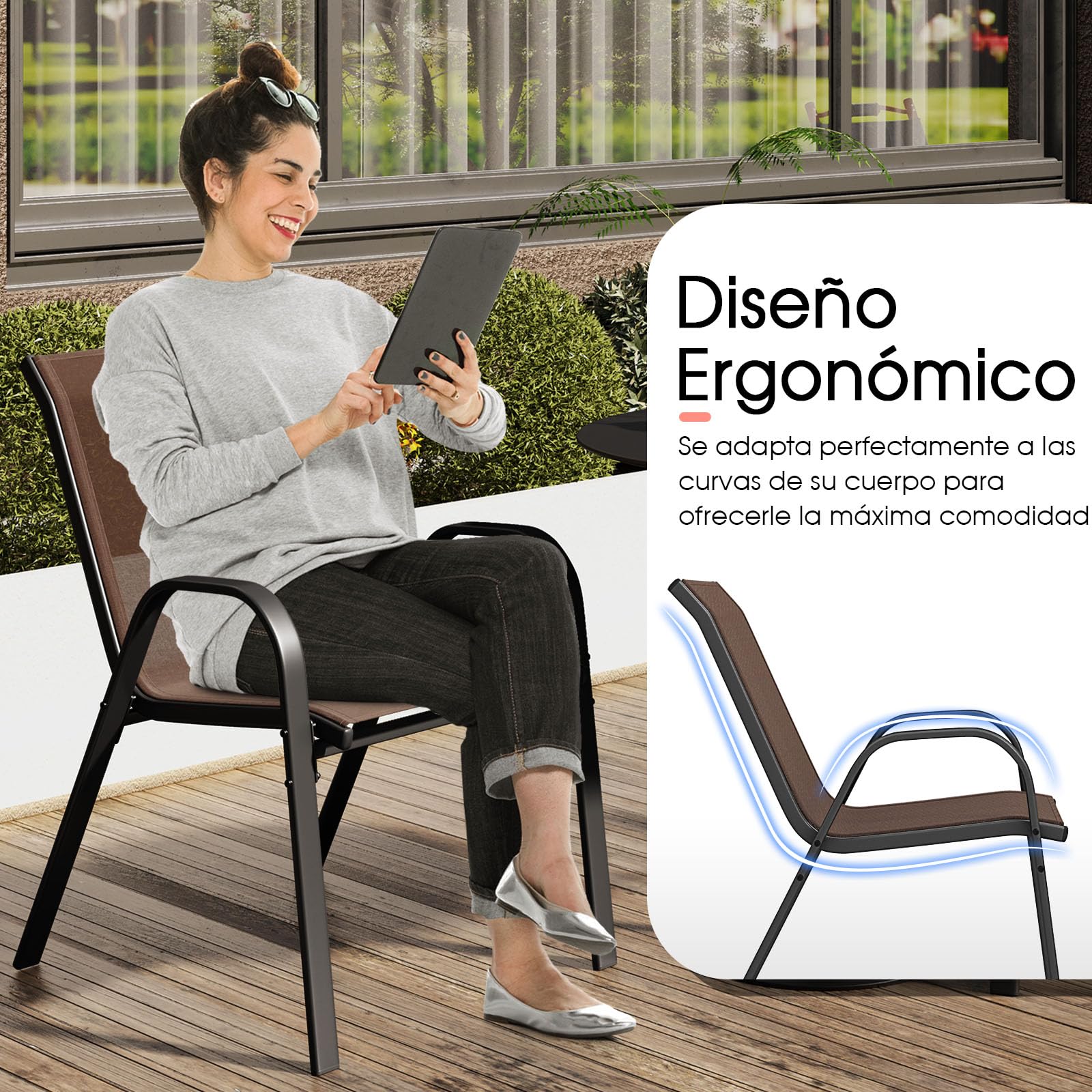 GIANTEX Juego de 2/4 Sillas de Patio, Sillas de Comedor Apilables con Estructura de Metal Resistente y Tela Transpirable, Respaldo y Reposabrazos Ergonómicas, para Terraza, Piscina, Jardín (2, Marrón)