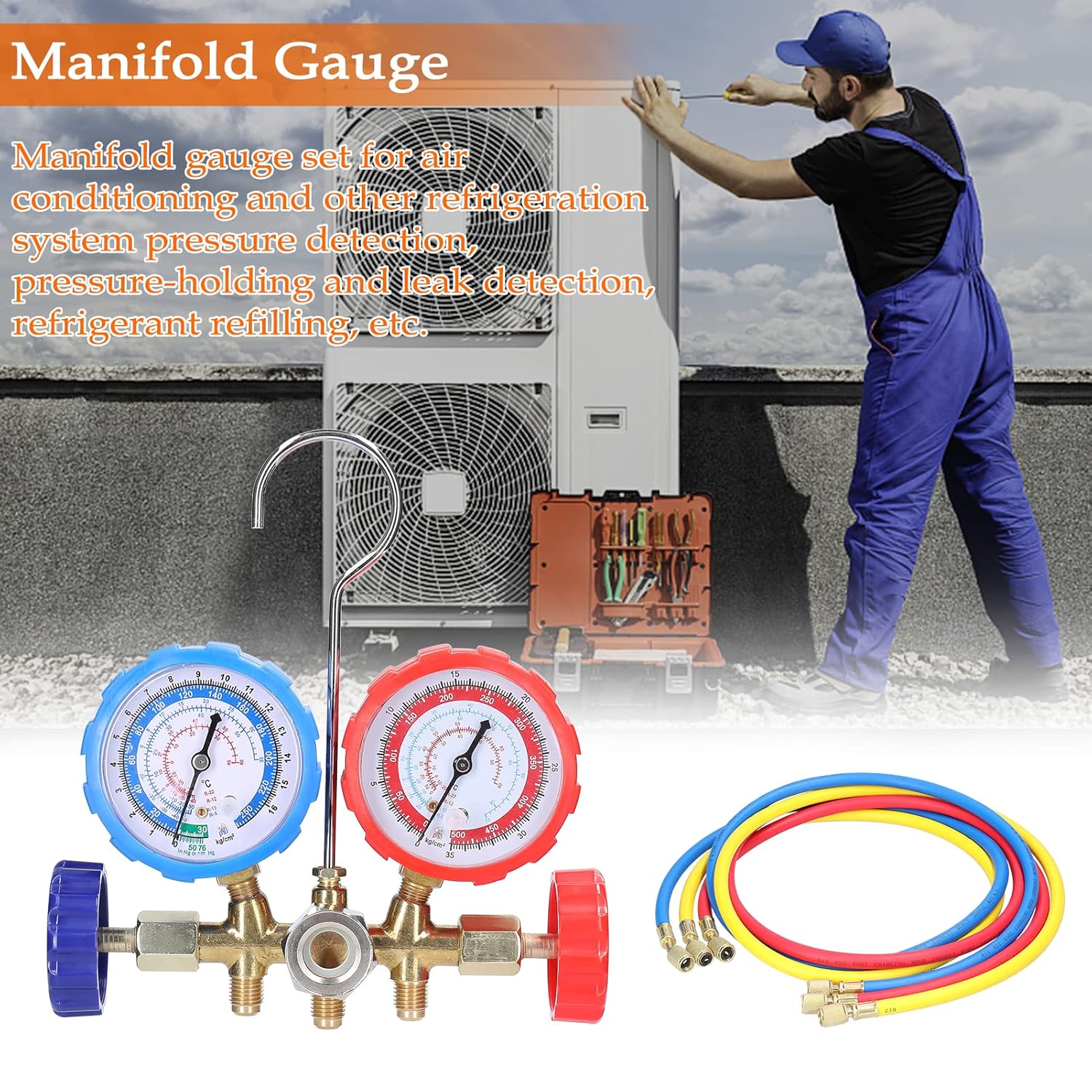 Manifold Gauge Set Air Conditioner Refrigerant Charging Tool Brass Dual Valve Pressure Gauge with 5ft Hose Quick Connect Adapters for Refrigerant