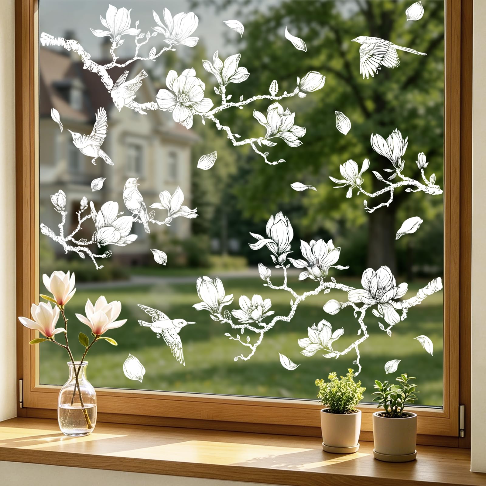 Summer Flowers Window Stickers White Magnolia Branch Birds Window Decals