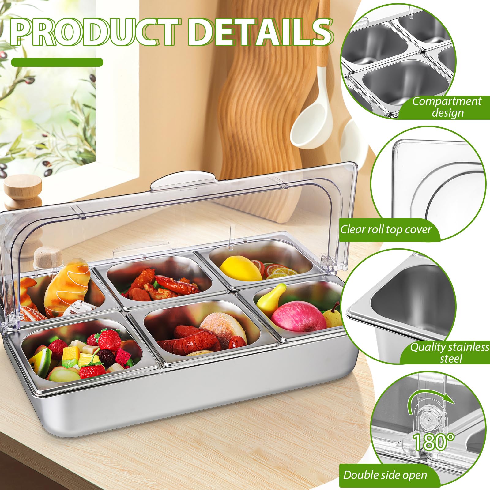 Expositor de acero inoxidable para servir buffet de 6 sartenes con cubierta superior enrollable transparente de 21 x 13 x 11 pulgadas, dispensador de condimentos y estante de alimentos refrigerado por