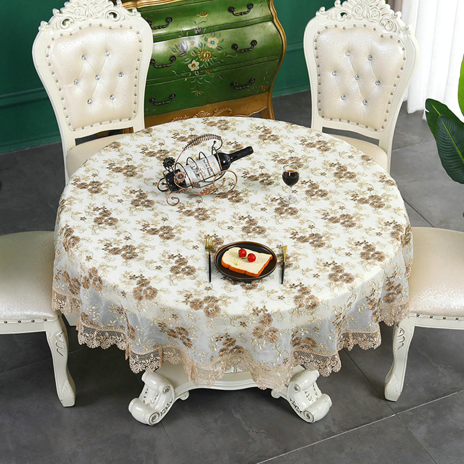 Tischdecke Rund Küche 150 cm, Spitze Stickerei Polyester, Kaffee