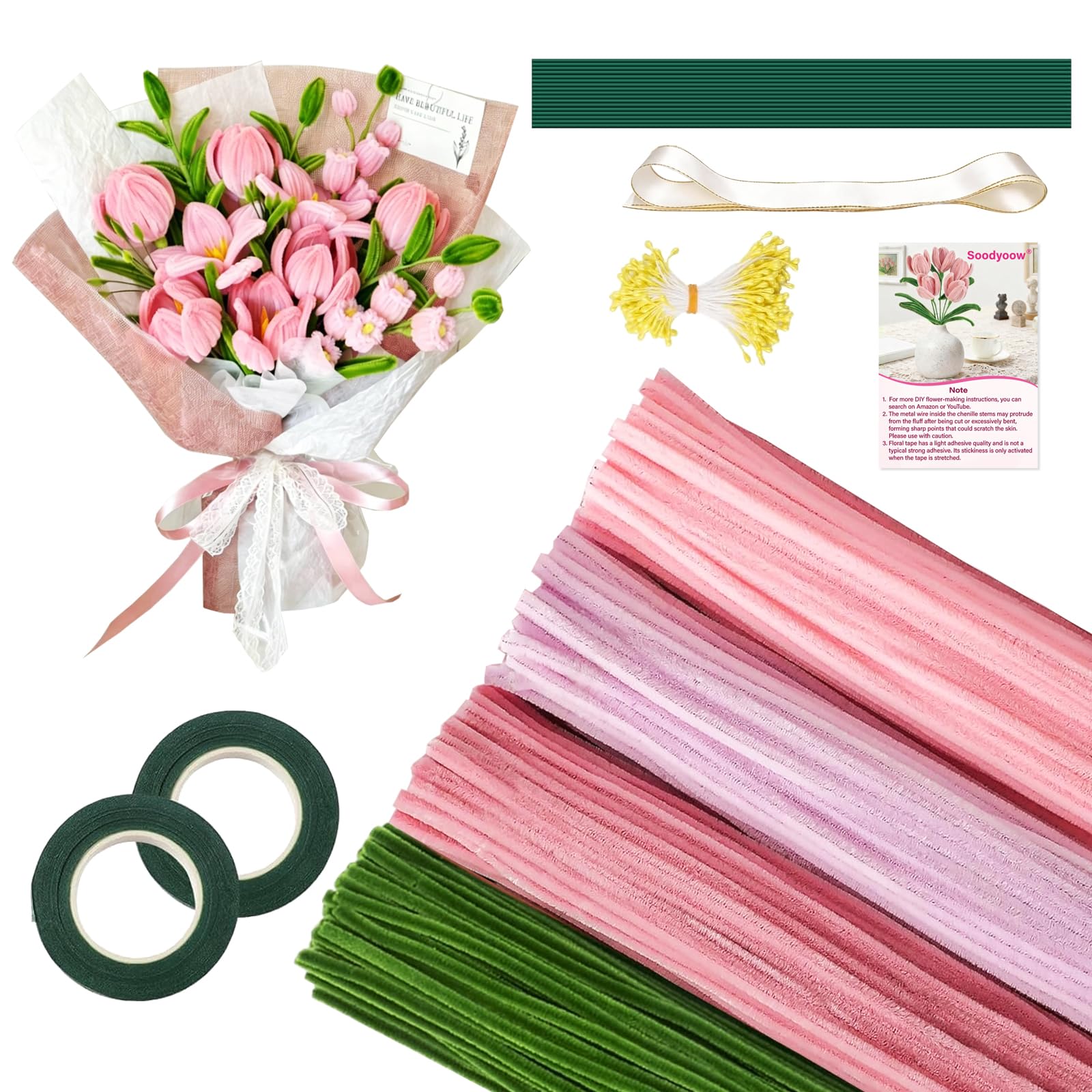Soodyoow 400PCS Pipe Cleaner Flowers Craft Kit, Full DIY Tulip Making Supplies for Beginners, Pipe Cleaners for Craft Flowers with All Accessories, Creative Handmade Gift Idea