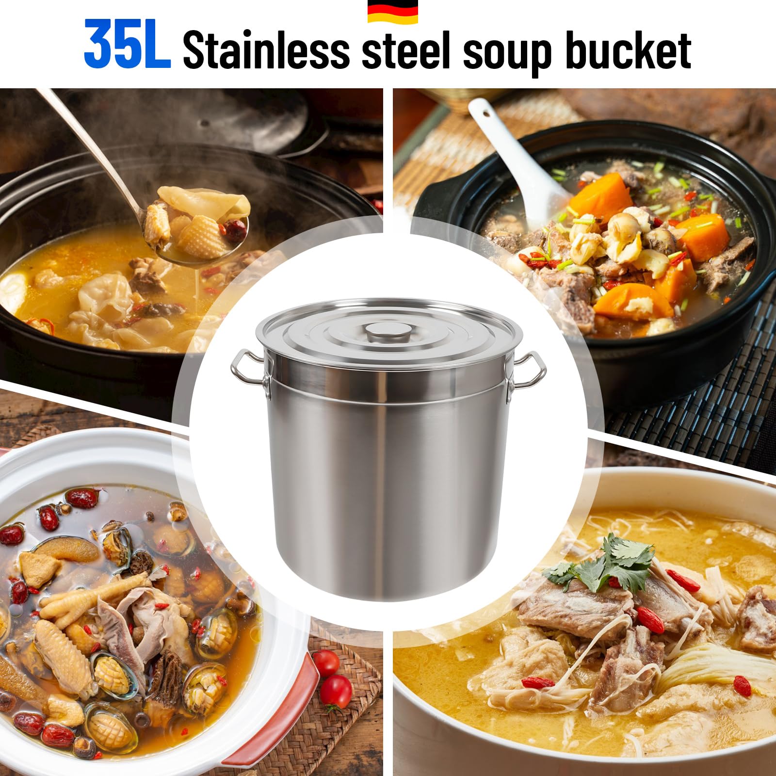 Grande pentola in acciaio inox da 35 litri per uso professionale con coperchio - Spessore della parete di 1,2 mm per gastronomia/casa, lavabile in lavastoviglie e antiruggine (Ø37,5cm) - Incl
