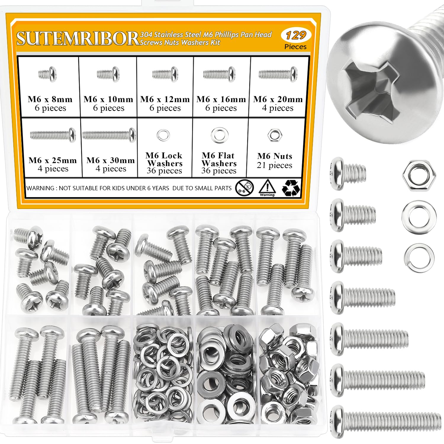129 Pieces M6 Machine Screws Nuts Washers Set, Sutemribor M6 x 8/10/12/16/20/25/30mm Phillips Pan Head Machine Screws Nuts Washers Assortment Kit, 304